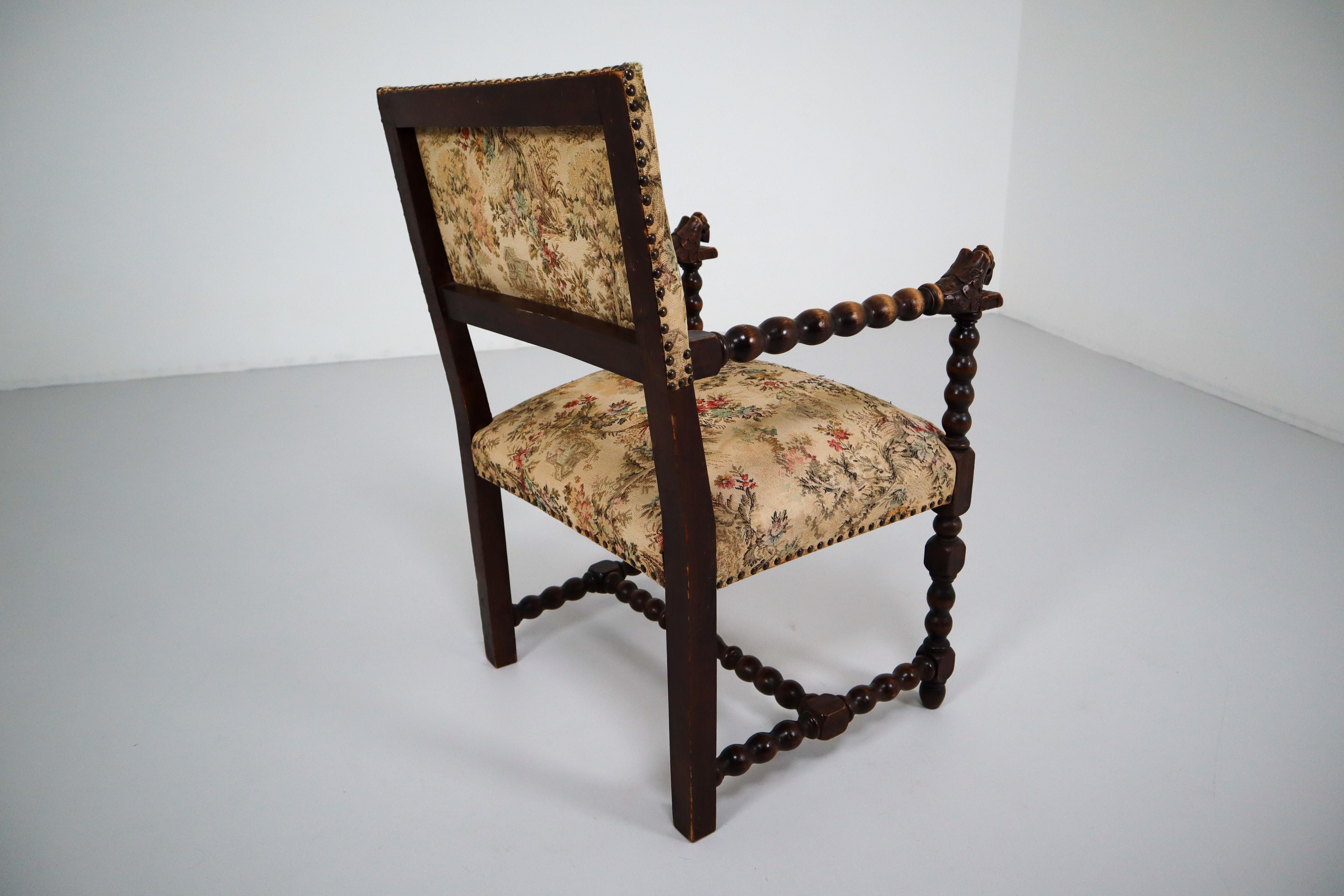 French 19th Century Carved Oak Armchair with Original Fabric, 1870 1