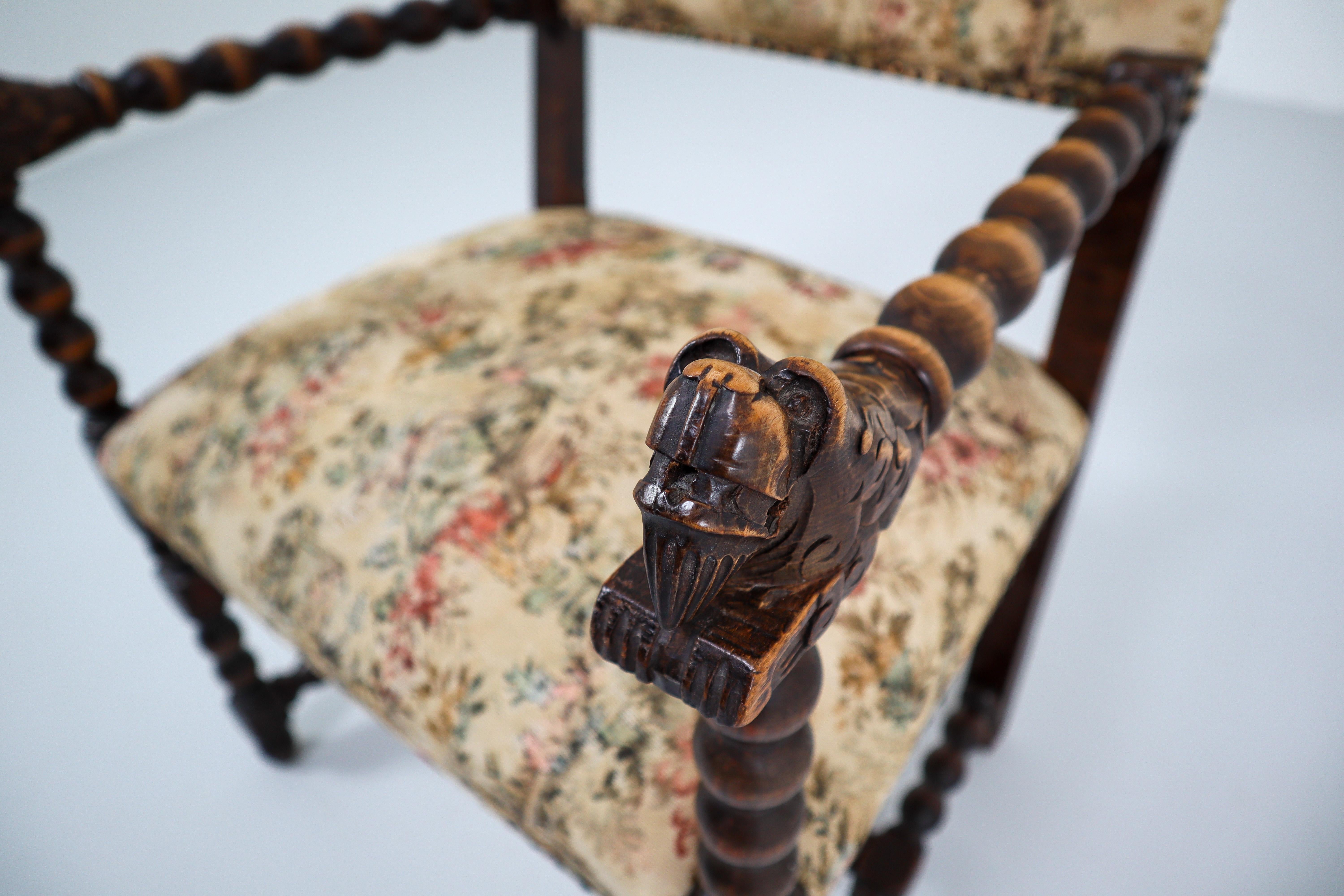 French 19th Century Carved Oak Armchair with Original Fabric, 1870 3