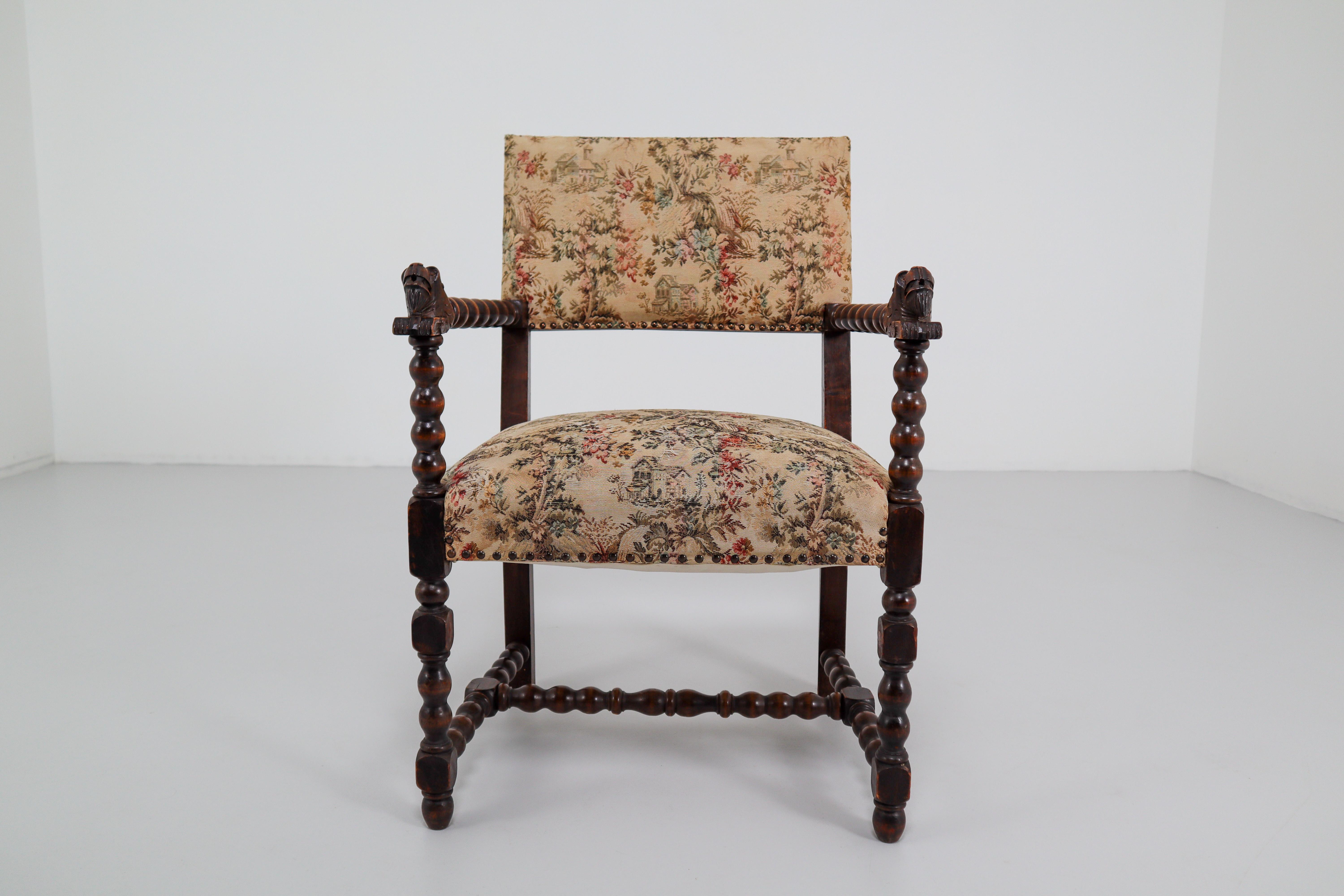 French 19th Century Carved Oak Armchair with Original Fabric, 1870 4