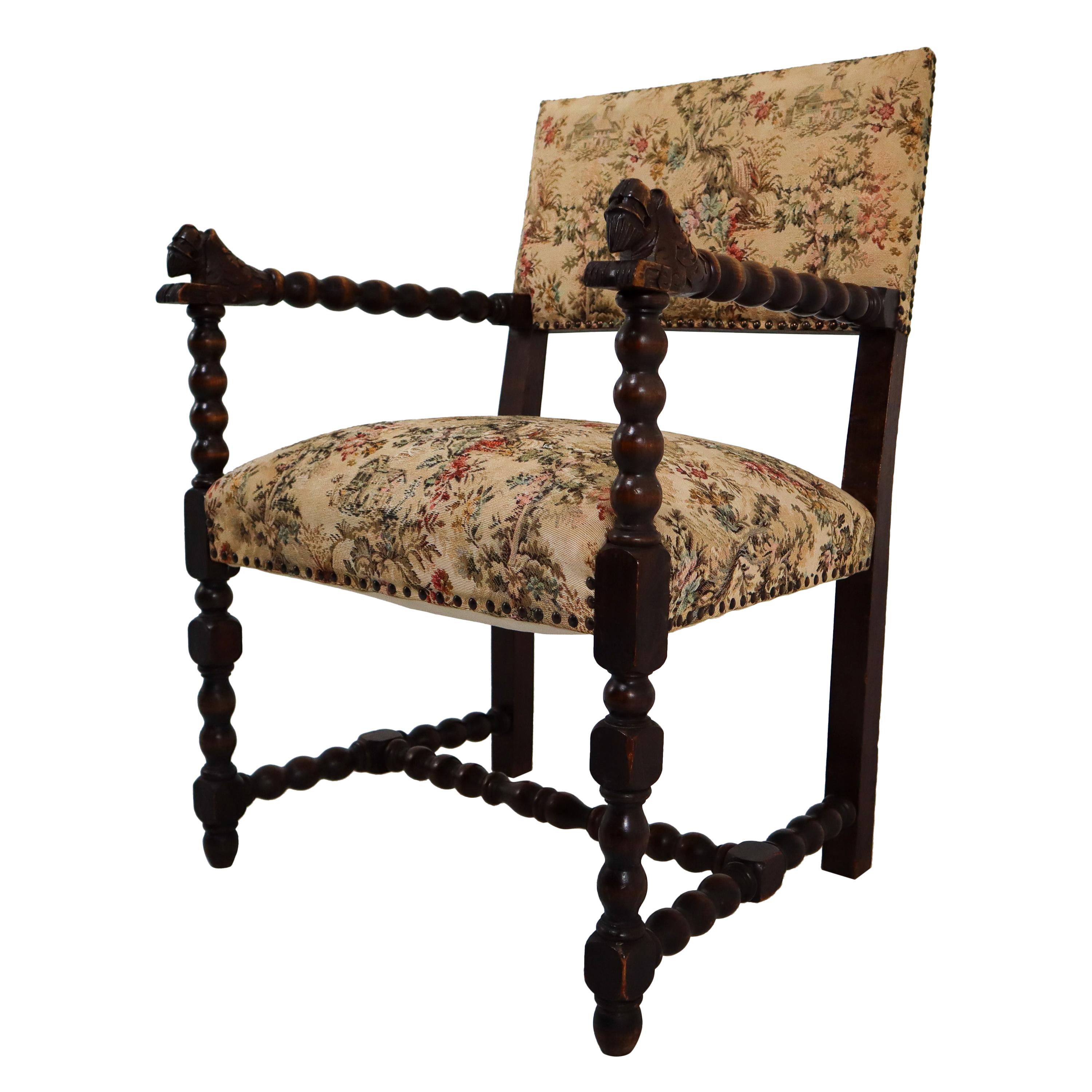 French 19th Century Carved Oak Armchair with Original Fabric, 1870