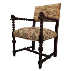French 19th Century Carved Oak Armchair with Original Fabric, 1870