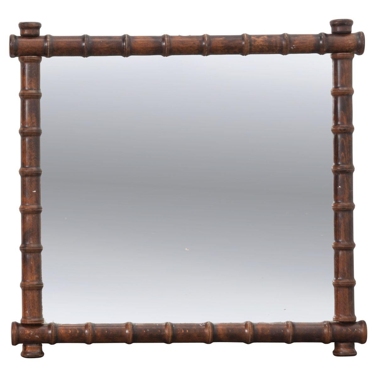 French 19th Century Carved Oak Faux Bamboo Mirror For Sale