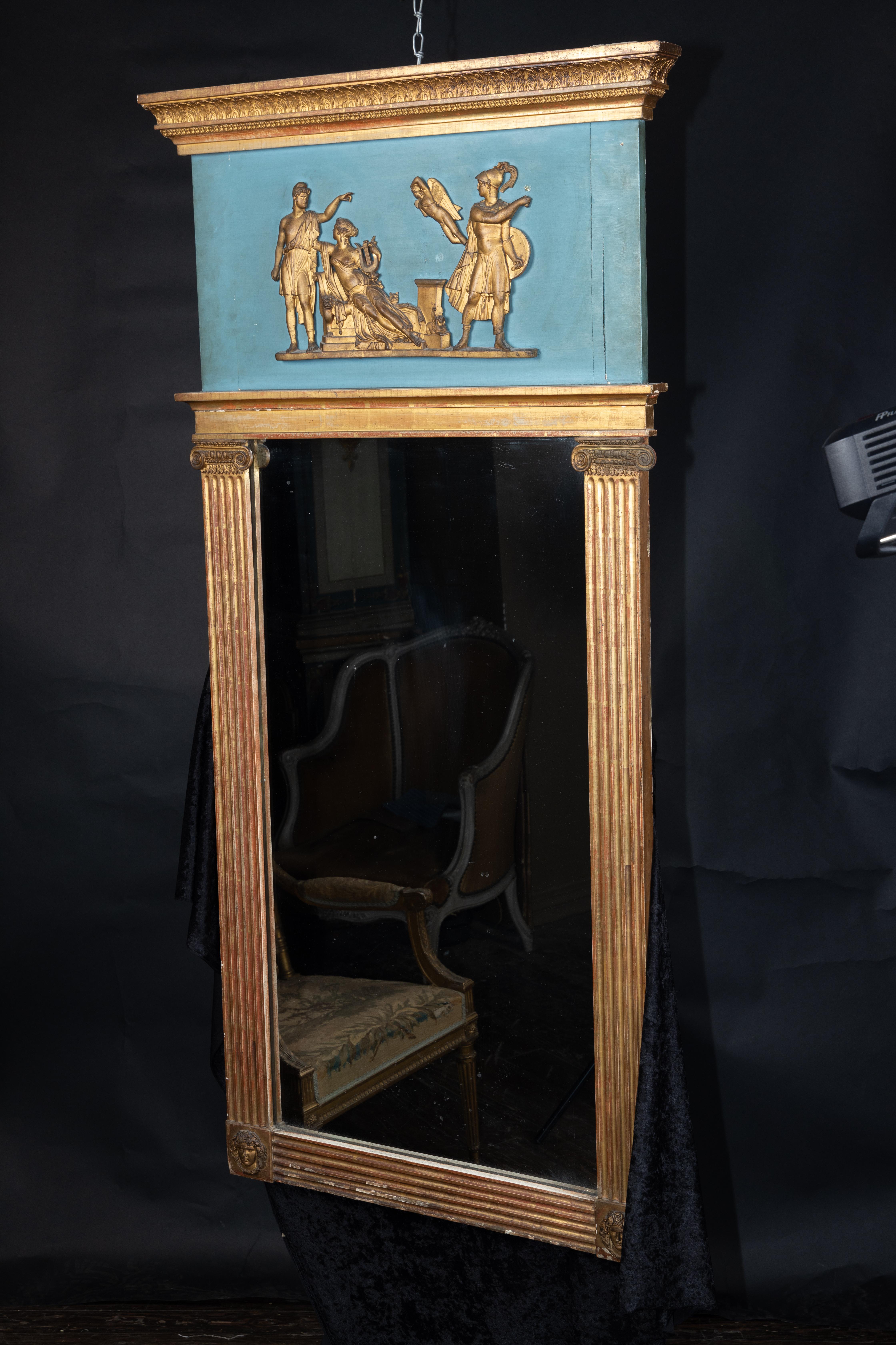 French 19th century carved, painted, and gilded Empire trumeau, blue background For Sale 1