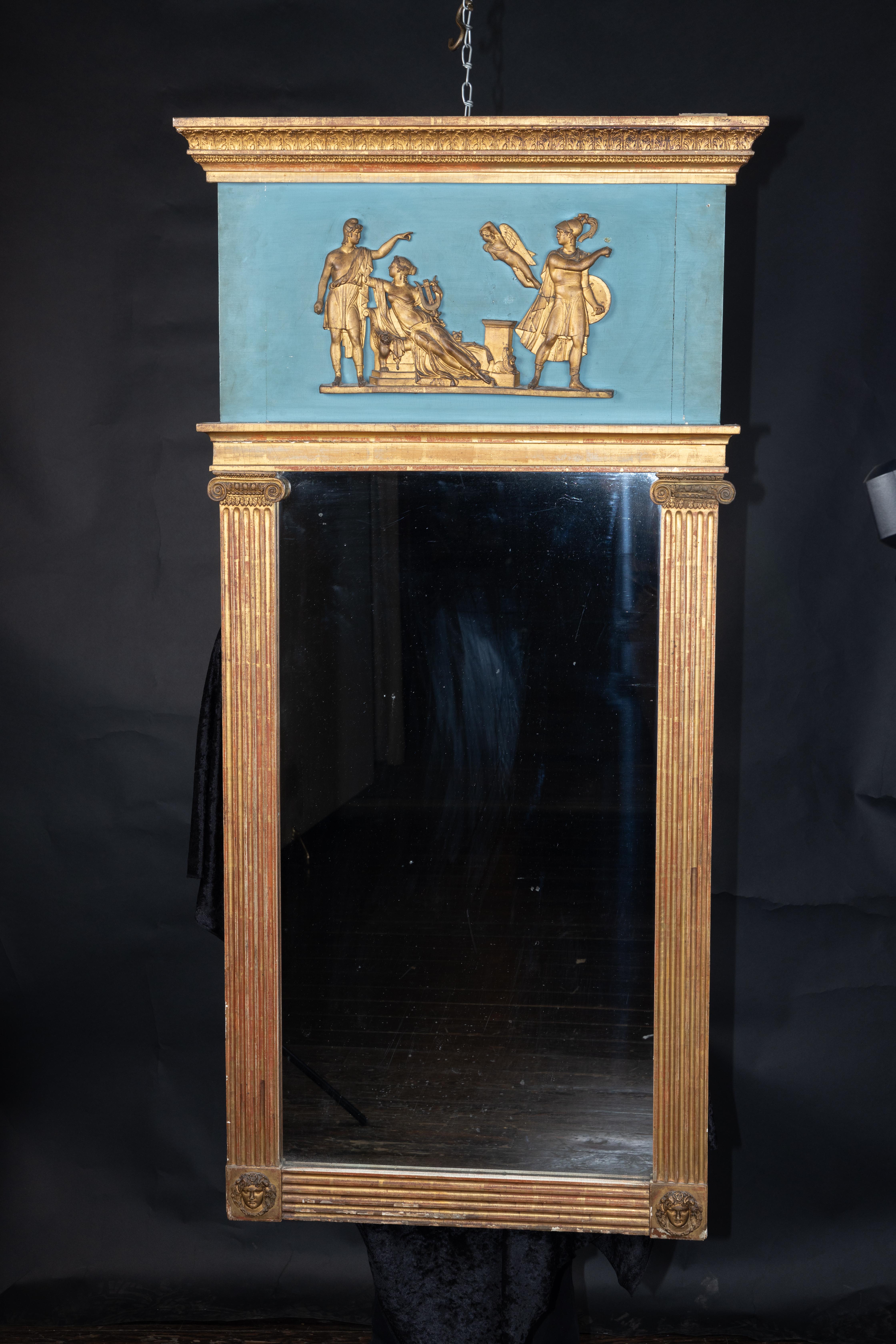 Trumeau Empire français du XIXe siècle sculpté, peint et doré, fond bleu en vente 2