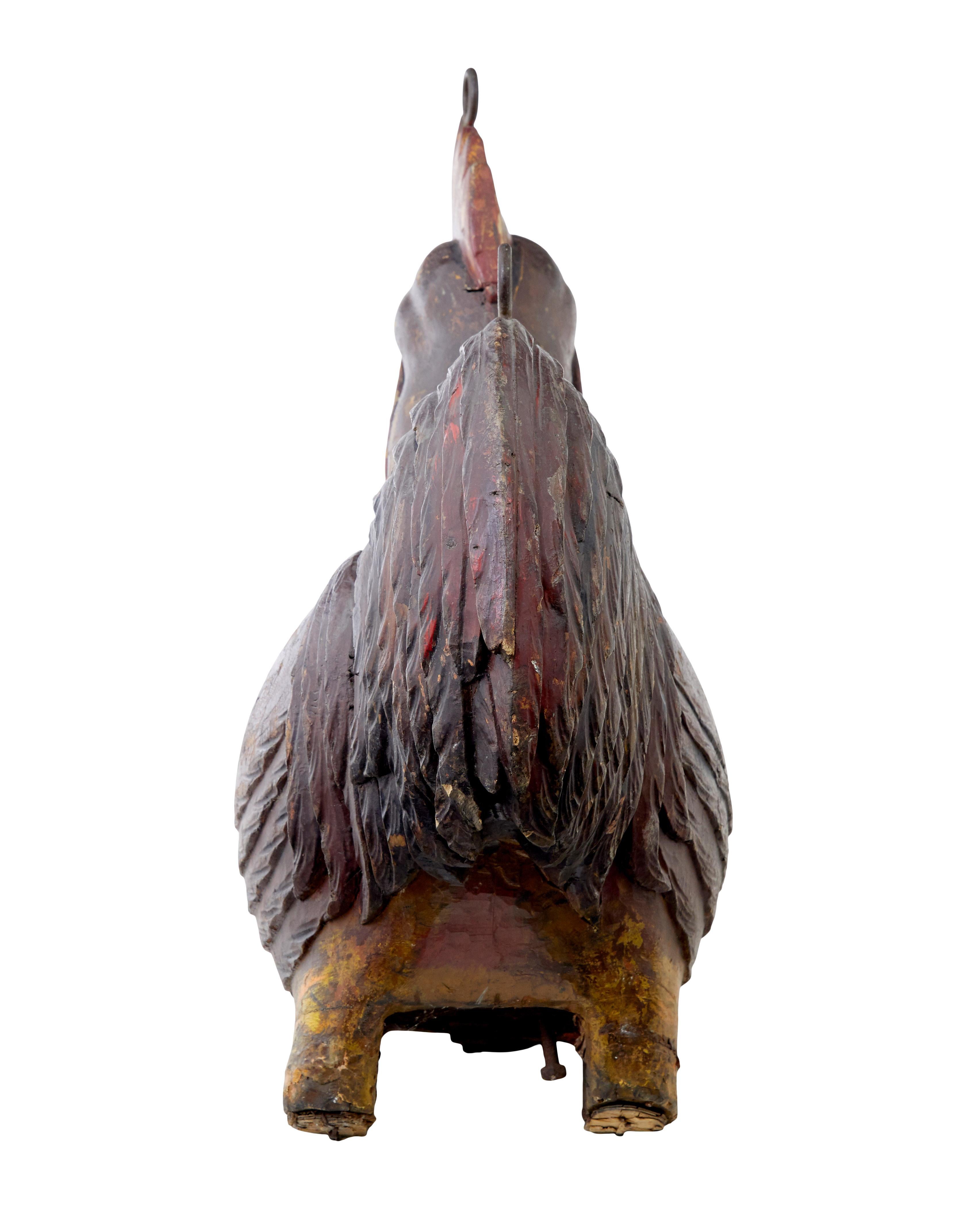 Rustic French 19th century carved solid wood rooster shop display For Sale