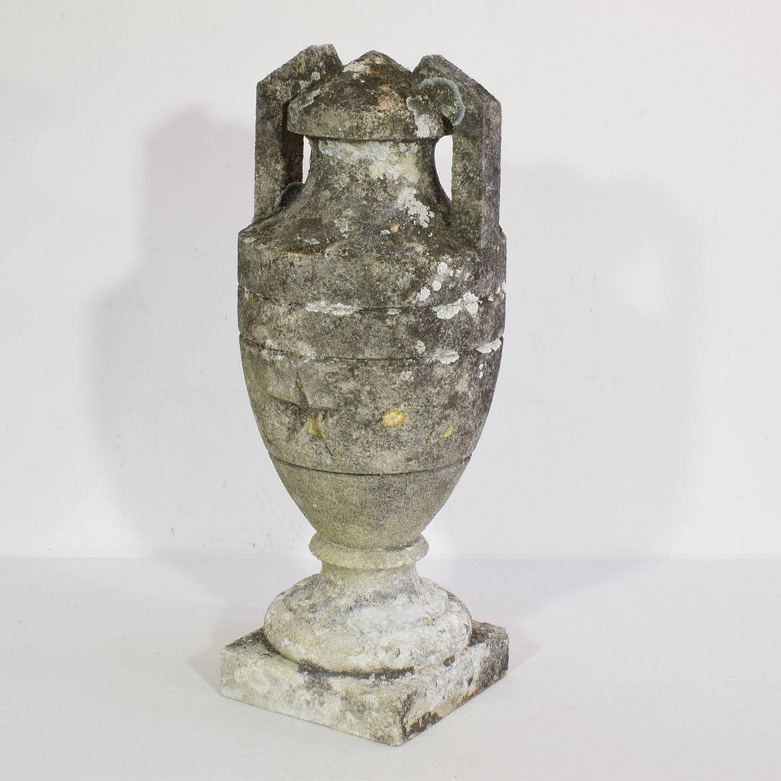 Beautiful weathered carved stone vase with a star, France, circa 1800-1900.
Weathered and old repair.
