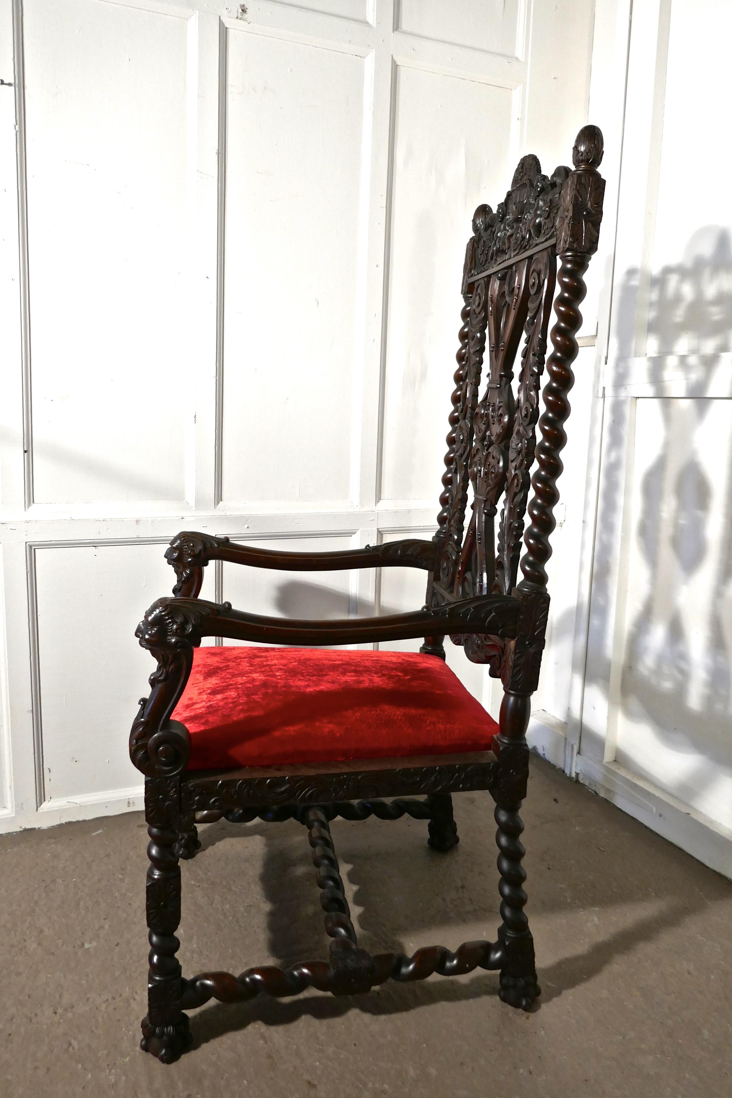 Gothic French 19th Century Carved Walnut Throne or Hall Chair