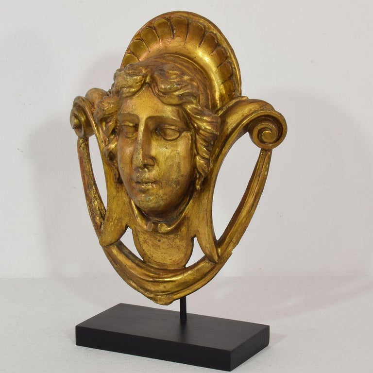 Beautiful weathered gilt wood fragment of a head. France, circa 1850.
Weathered and old repairs. Measurement here below inclusive the wooden base.