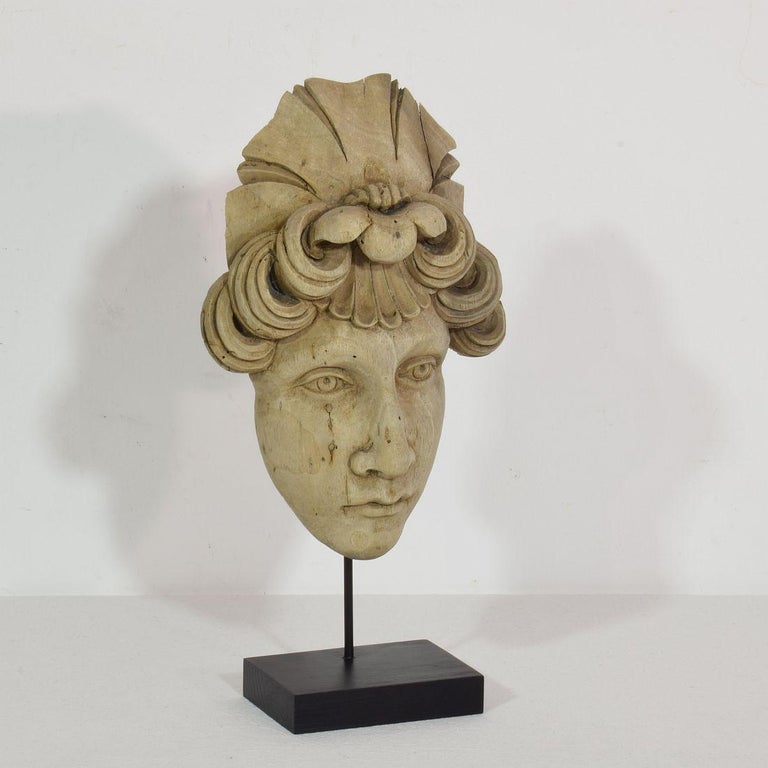 Belle Époque French 19th Century Carved Wood Head Fragment For Sale