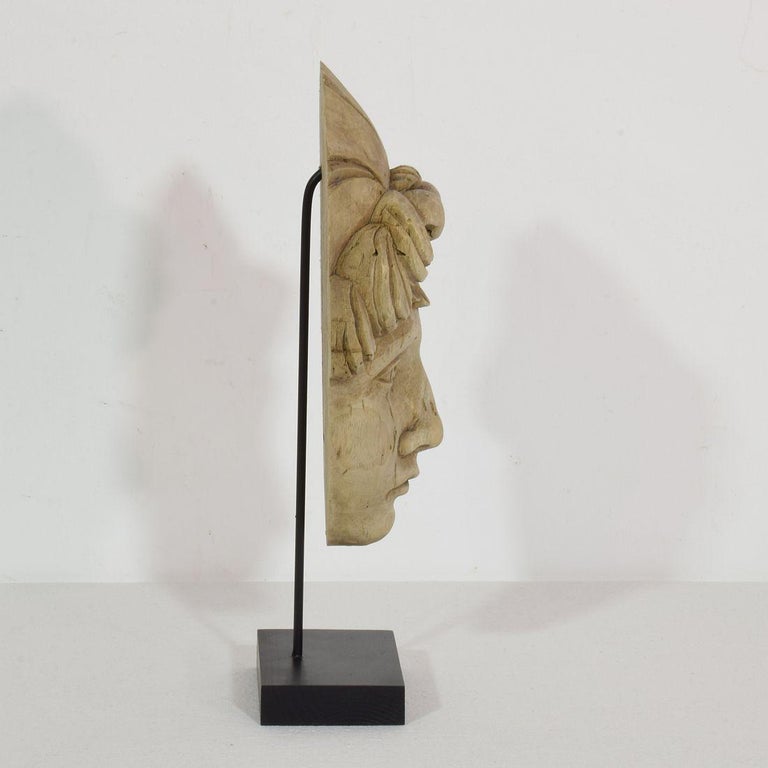 Hand-Carved French 19th Century Carved Wood Head Fragment For Sale