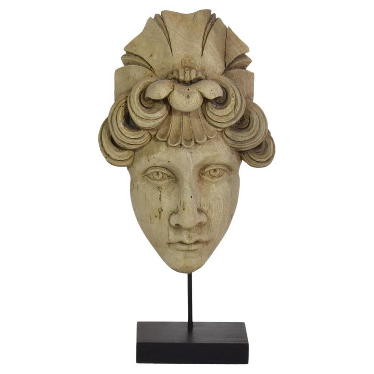 French 19th Century Carved Wood Head Fragment For Sale