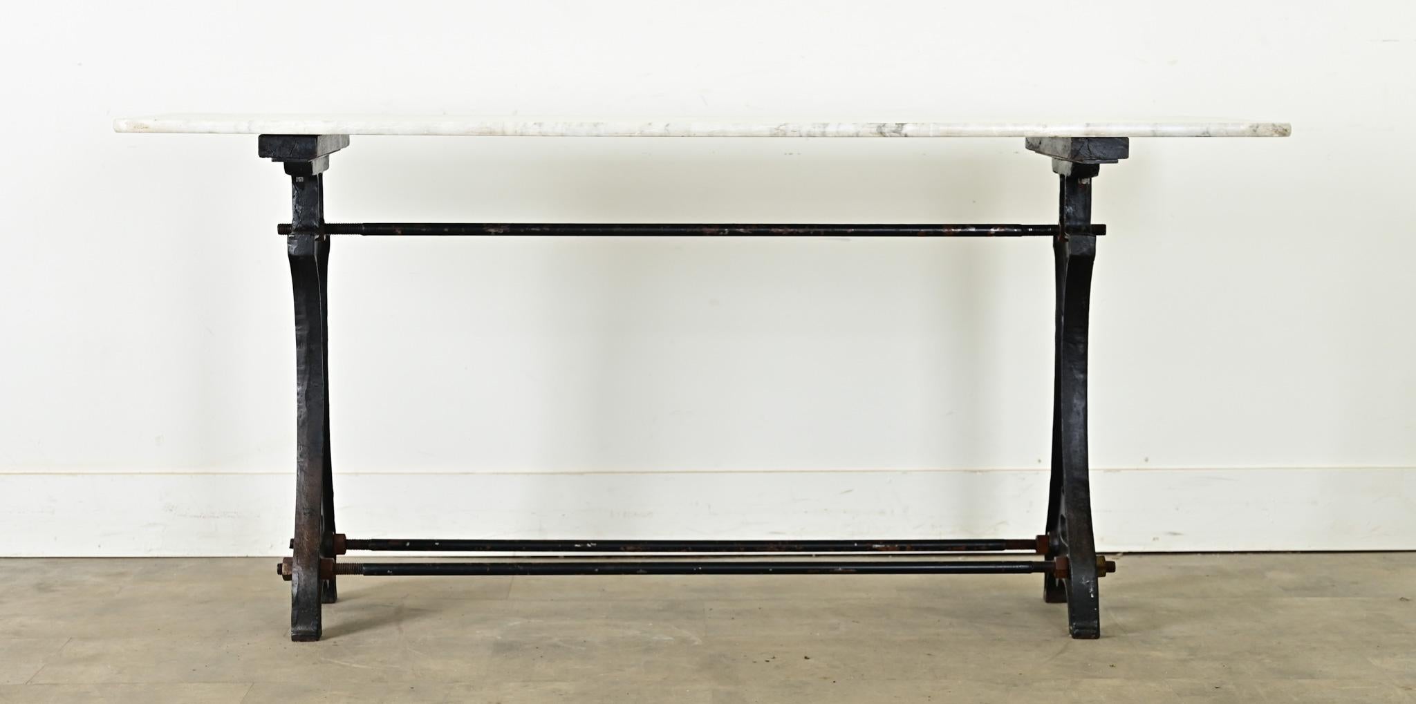 Industrial French 19th Century Cast Iron & Marble Long Bistro Table