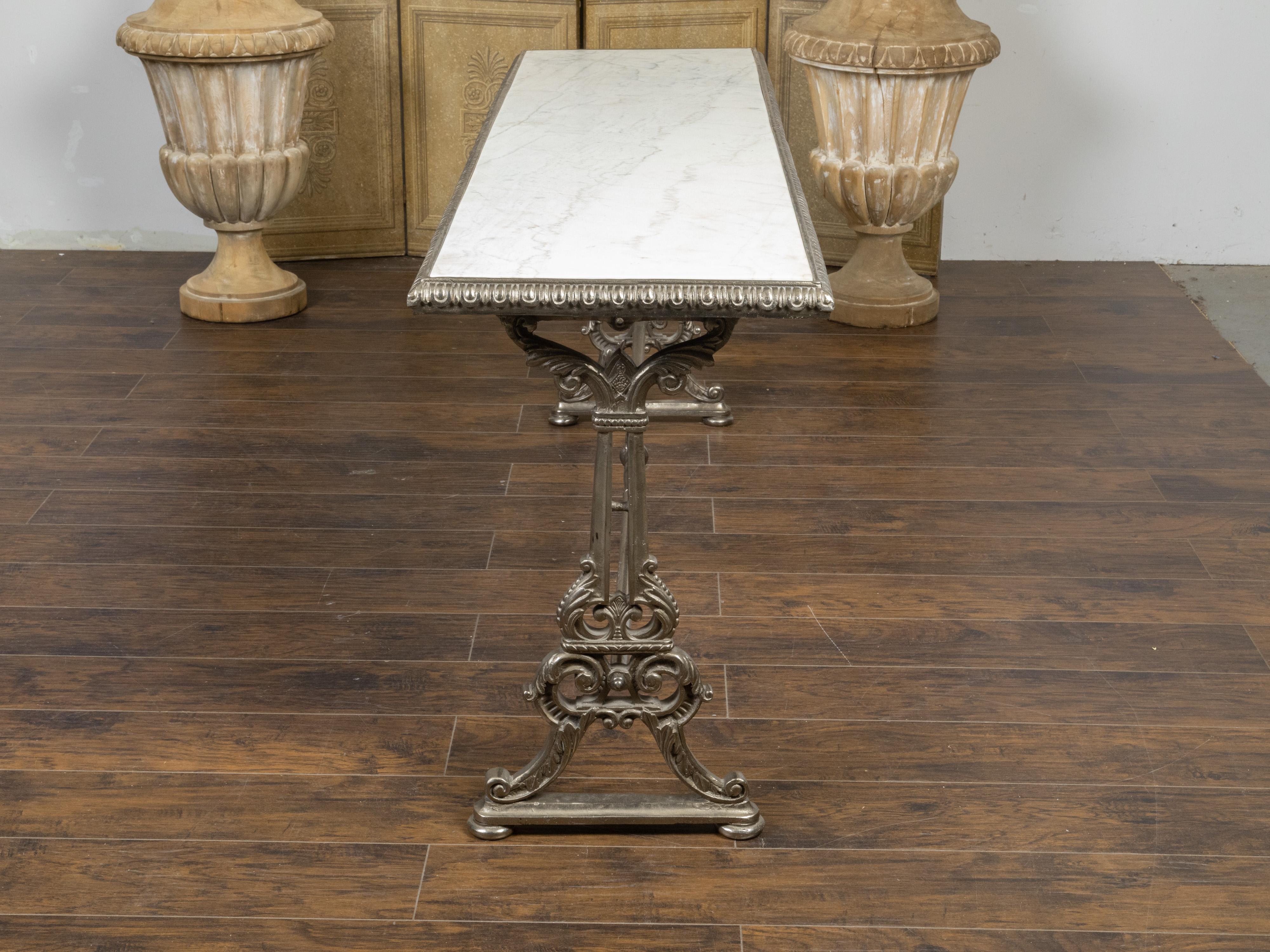 French 19th Century Cast Iron Pastry Table with Marble Top and Scrolling Accents 1