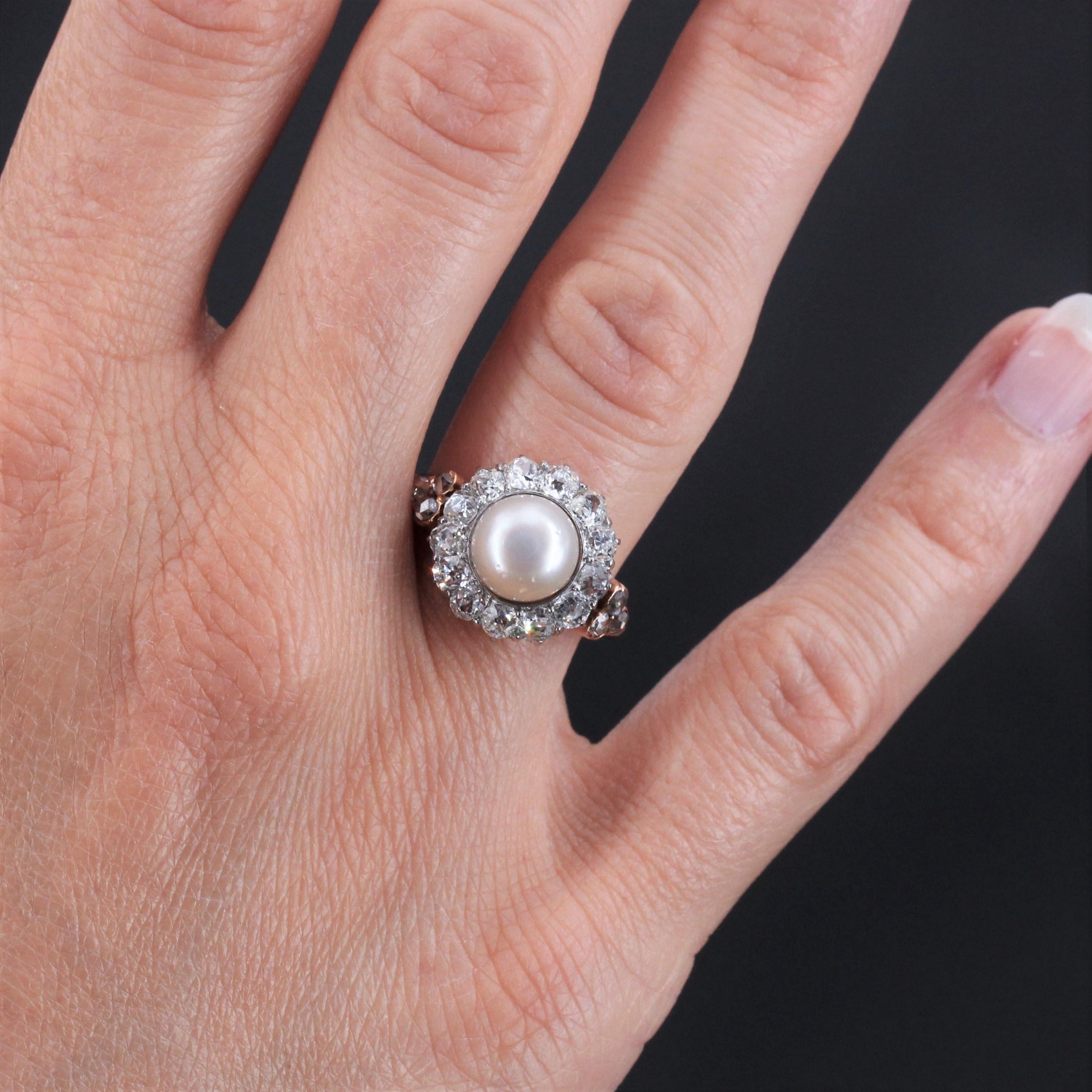 French 19th Century Certified Fine Pearl Diamonds 18 Karat Rose Gold Daisy Ring For Sale 4