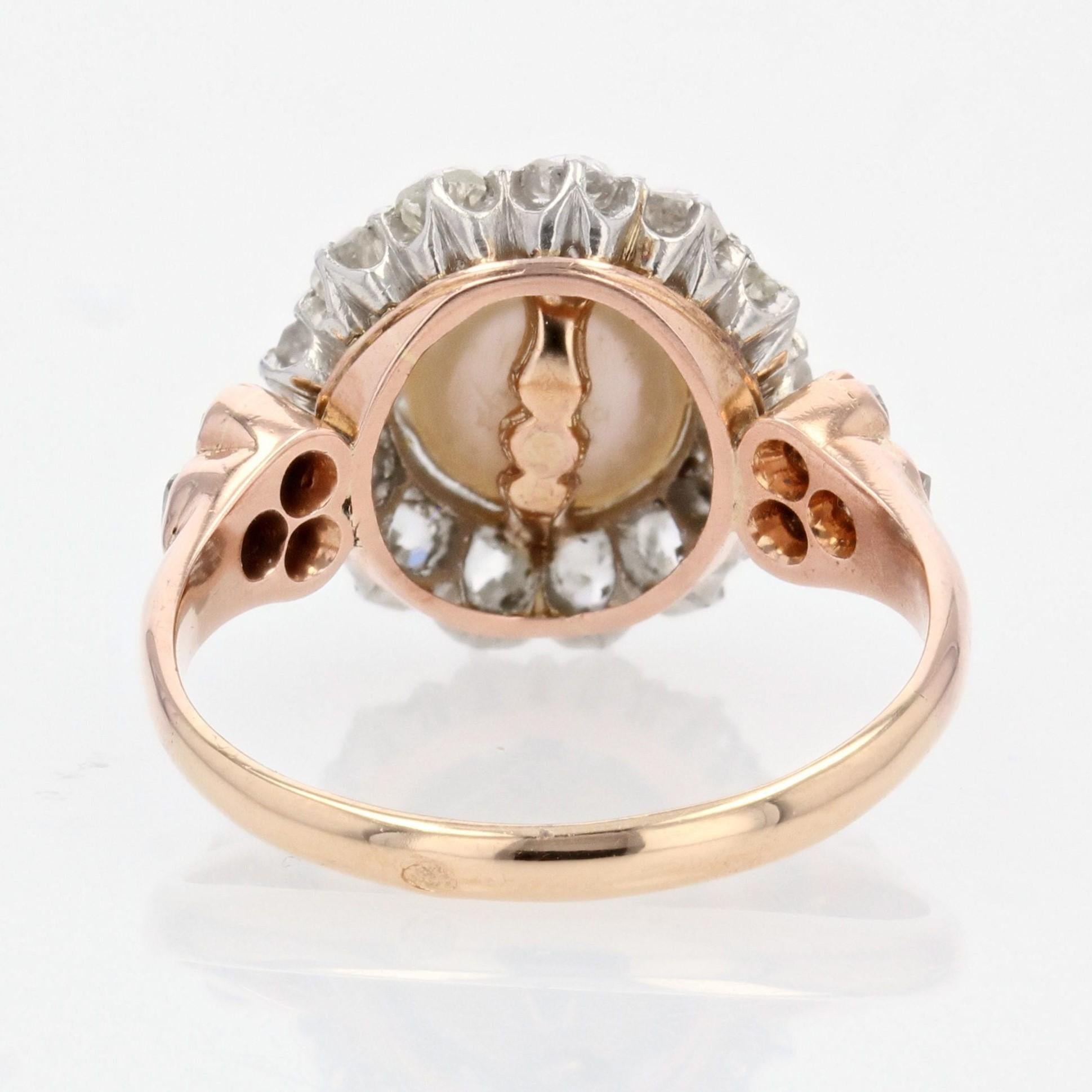 French 19th Century Certified Fine Pearl Diamonds 18 Karat Rose Gold Daisy Ring For Sale 5