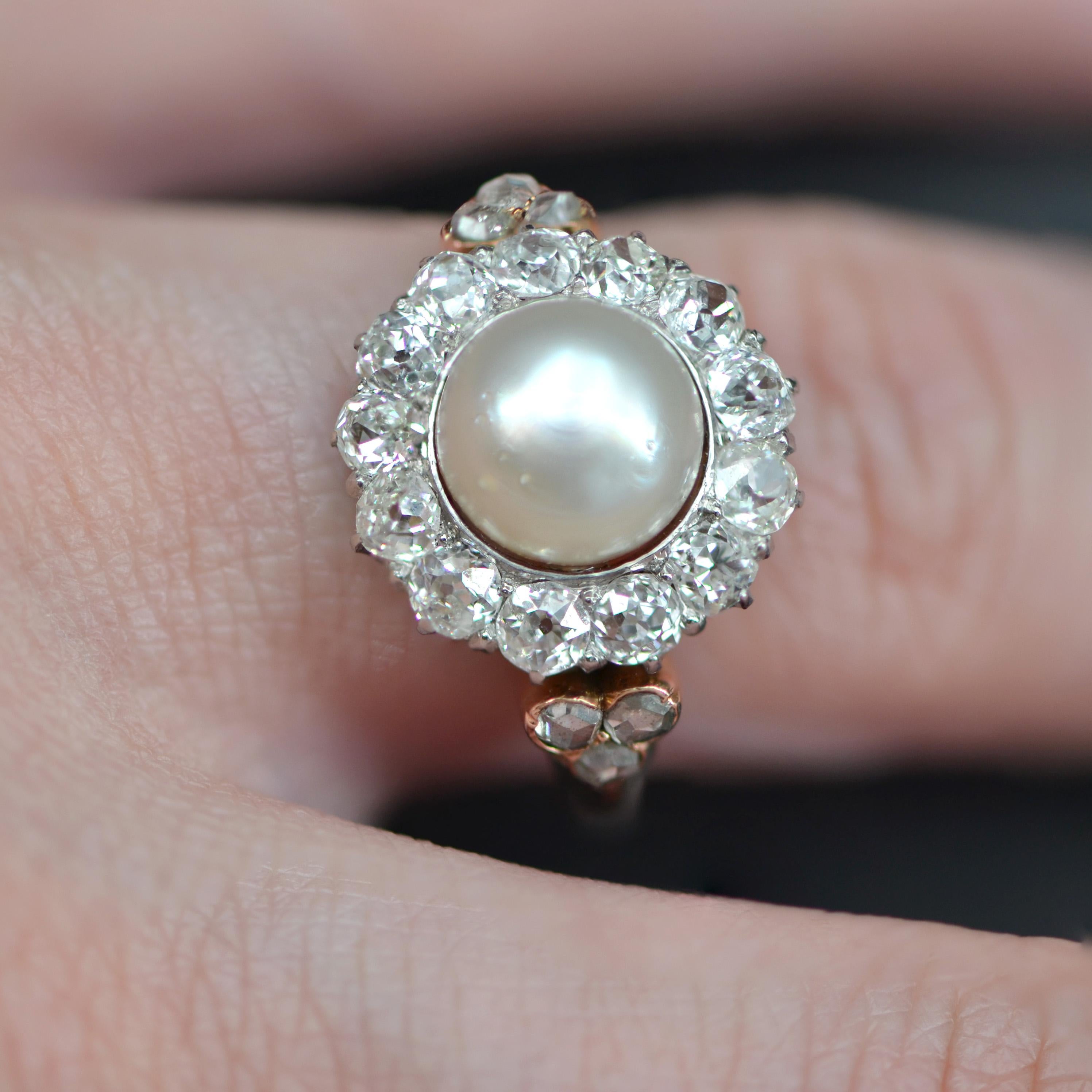 French 19th Century Certified Fine Pearl Diamonds 18 Karat Rose Gold Daisy Ring For Sale 6