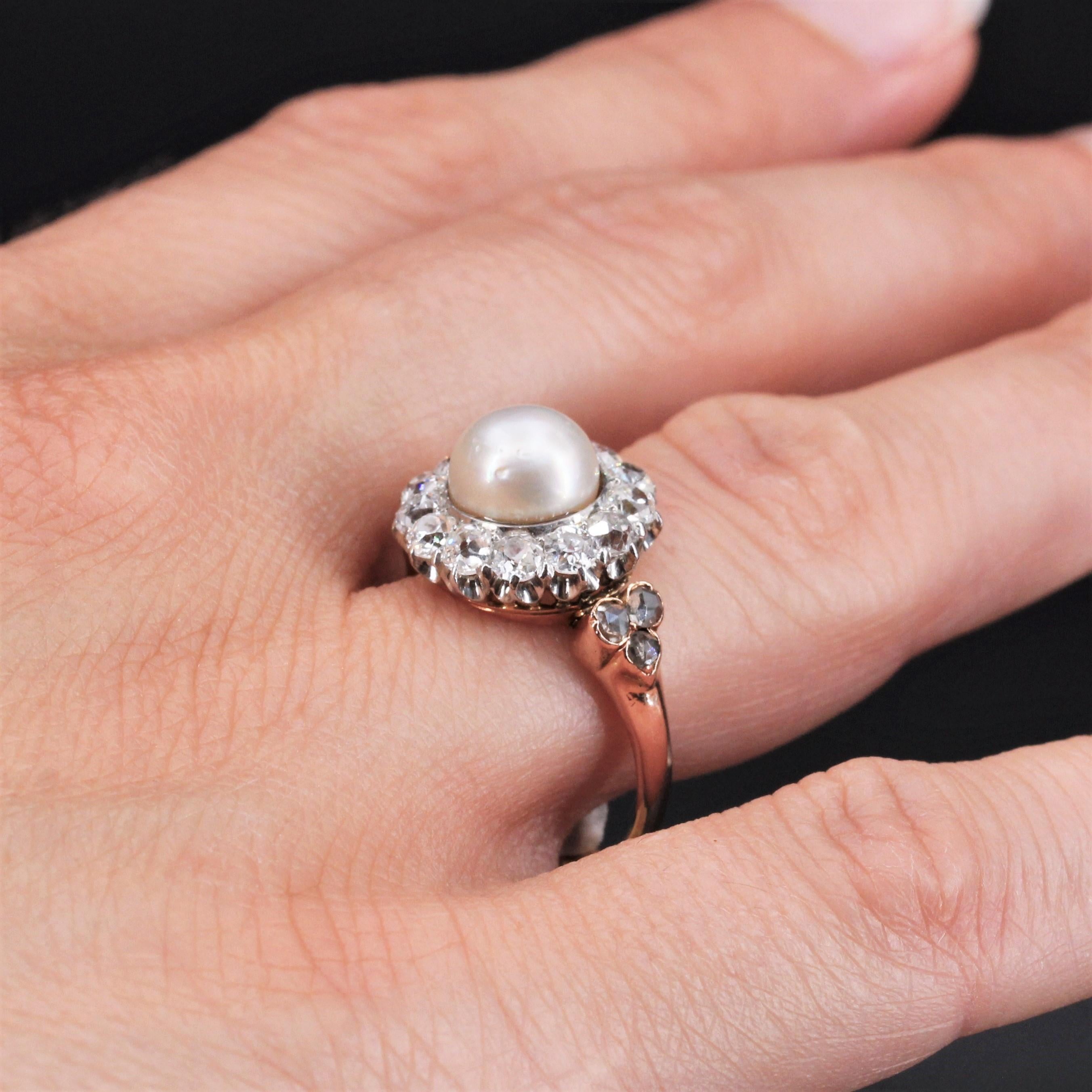French 19th Century Certified Fine Pearl Diamonds 18 Karat Rose Gold Daisy Ring For Sale 8