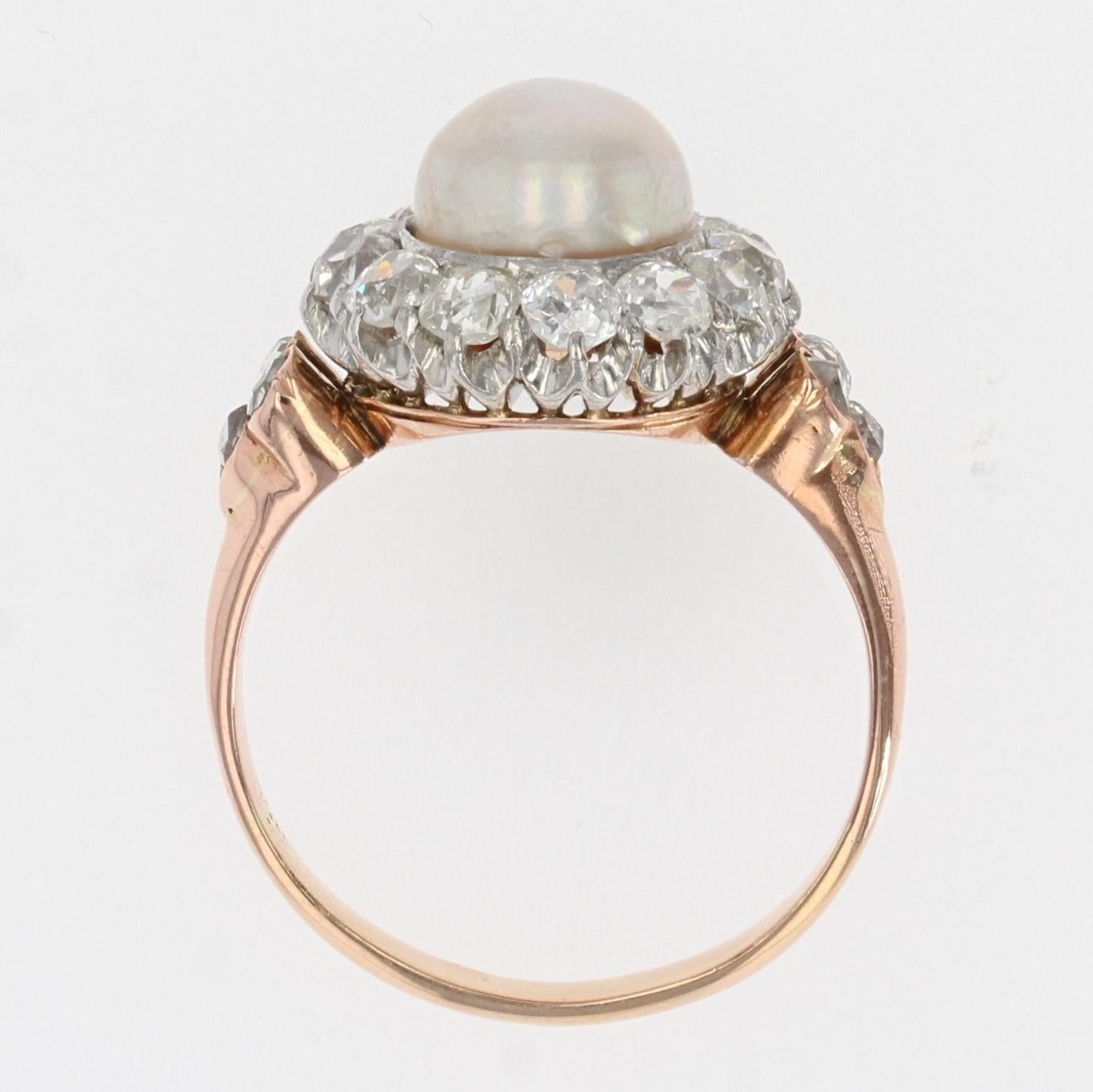 French 19th Century Certified Fine Pearl Diamonds 18 Karat Rose Gold Daisy Ring For Sale 9
