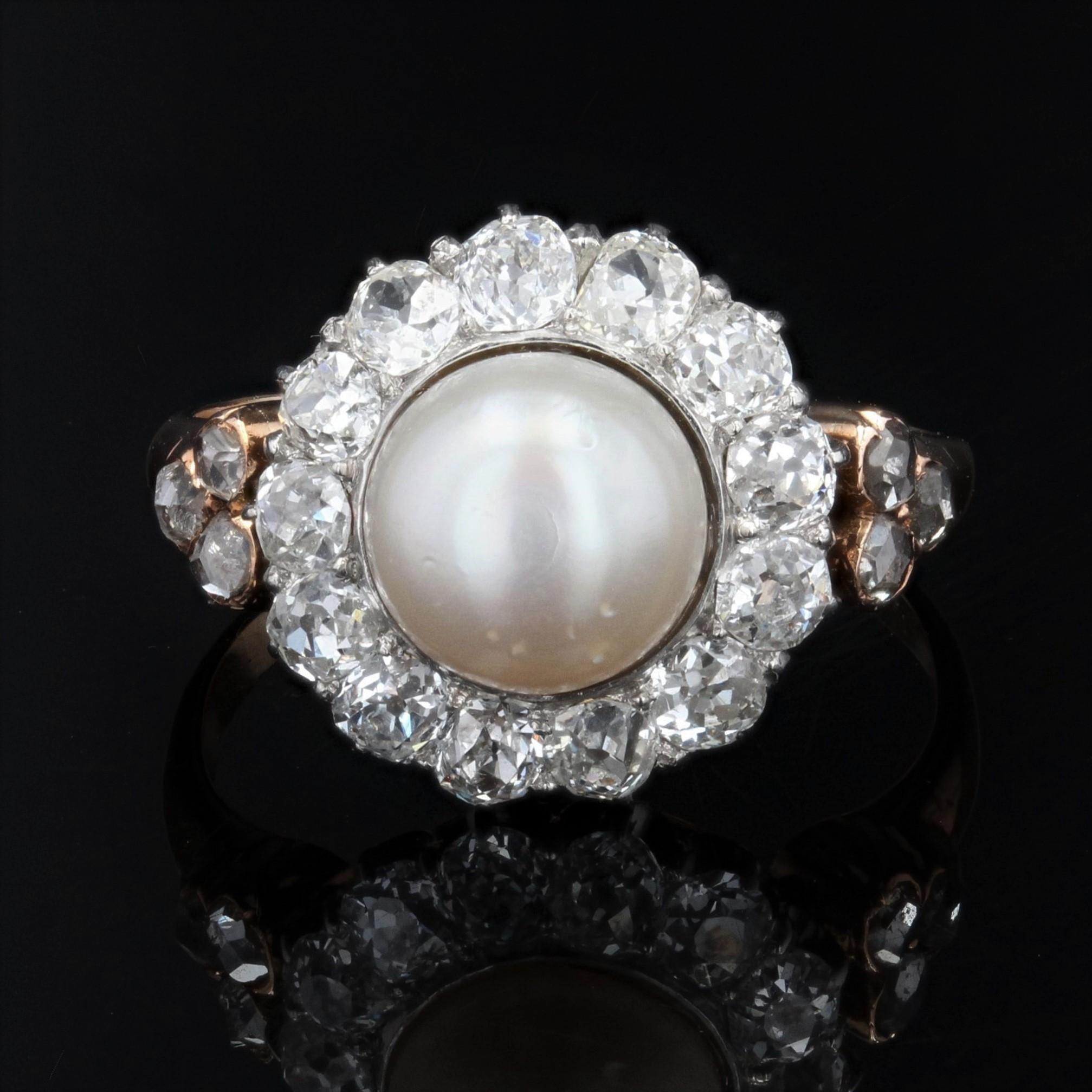 Napoleon III French 19th Century Certified Fine Pearl Diamonds 18 Karat Rose Gold Daisy Ring For Sale