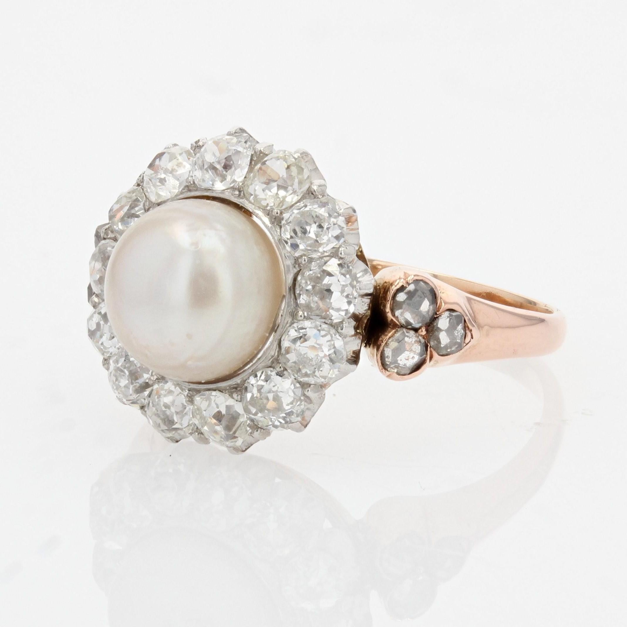 French 19th Century Certified Fine Pearl Diamonds 18 Karat Rose Gold Daisy Ring For Sale 1