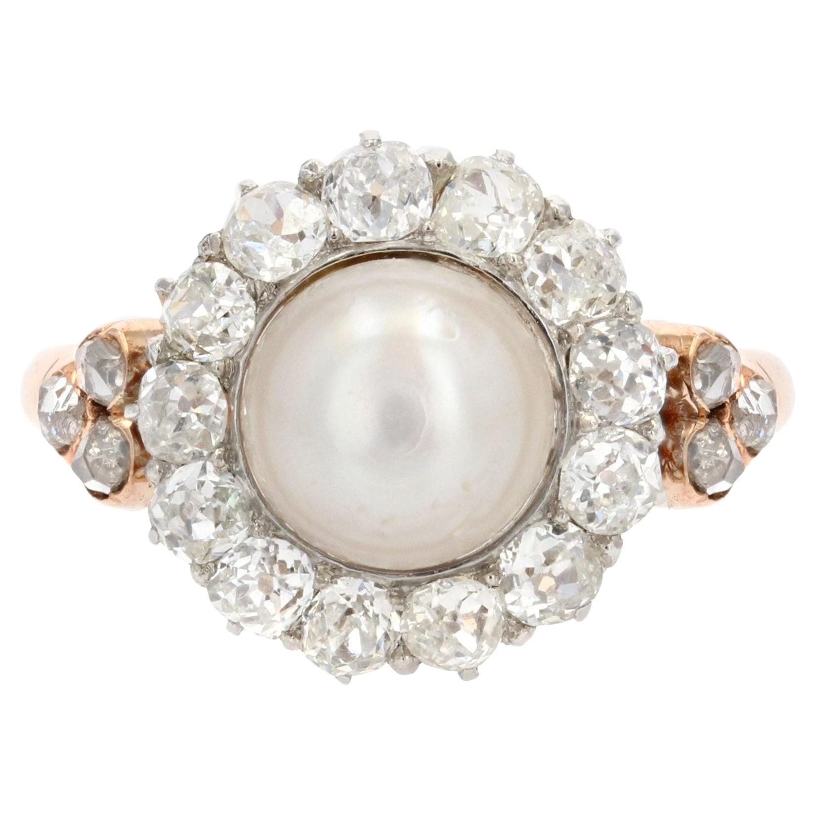 French 19th Century Certified Fine Pearl Diamonds 18 Karat Rose Gold Daisy Ring