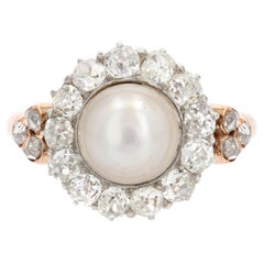 French 19th Century Certified Fine Pearl Diamonds 18 Karat Rose Gold Daisy Ring