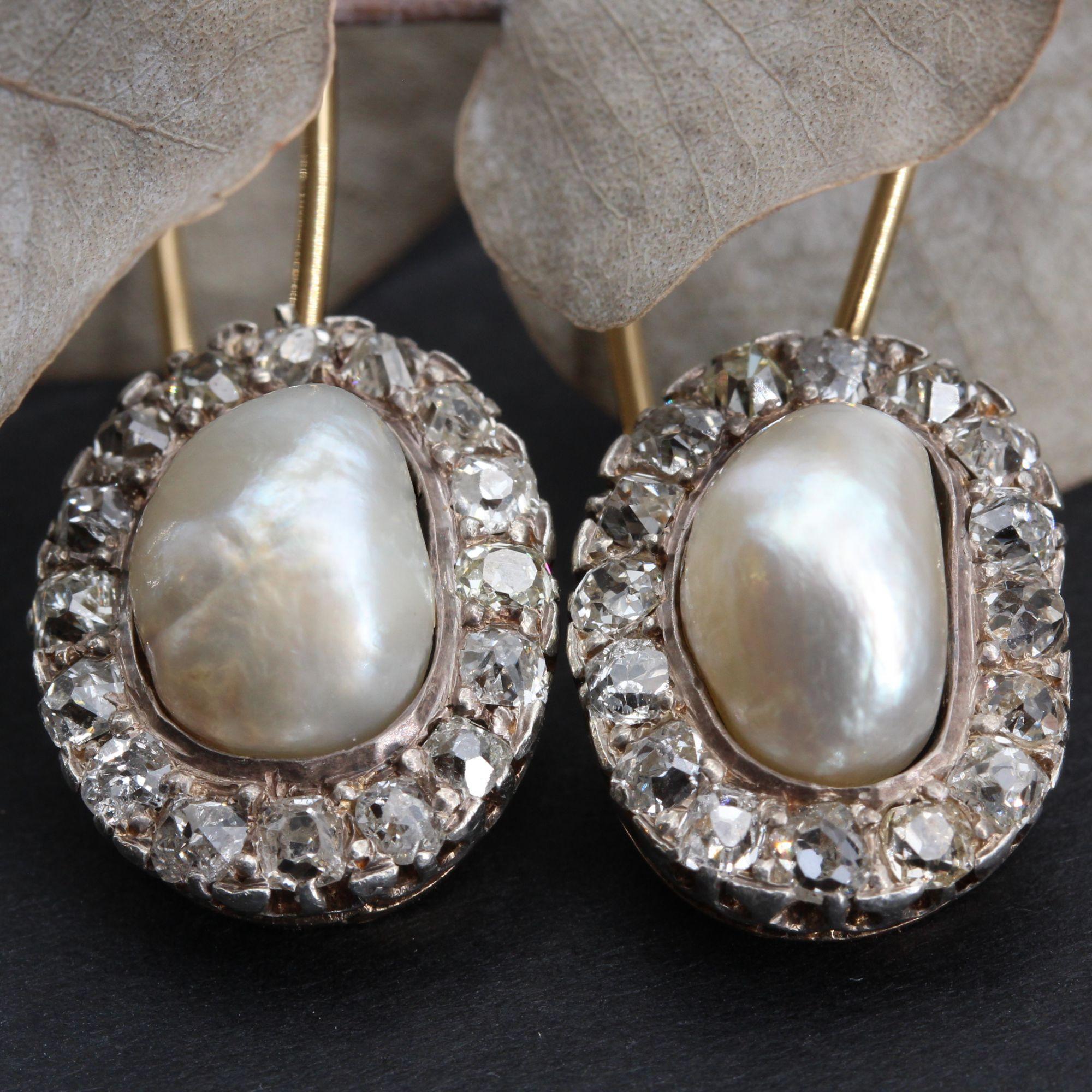 French 19th Century Certified Natural Pearls Diamonds Rose Gold Drop Earrings For Sale 5