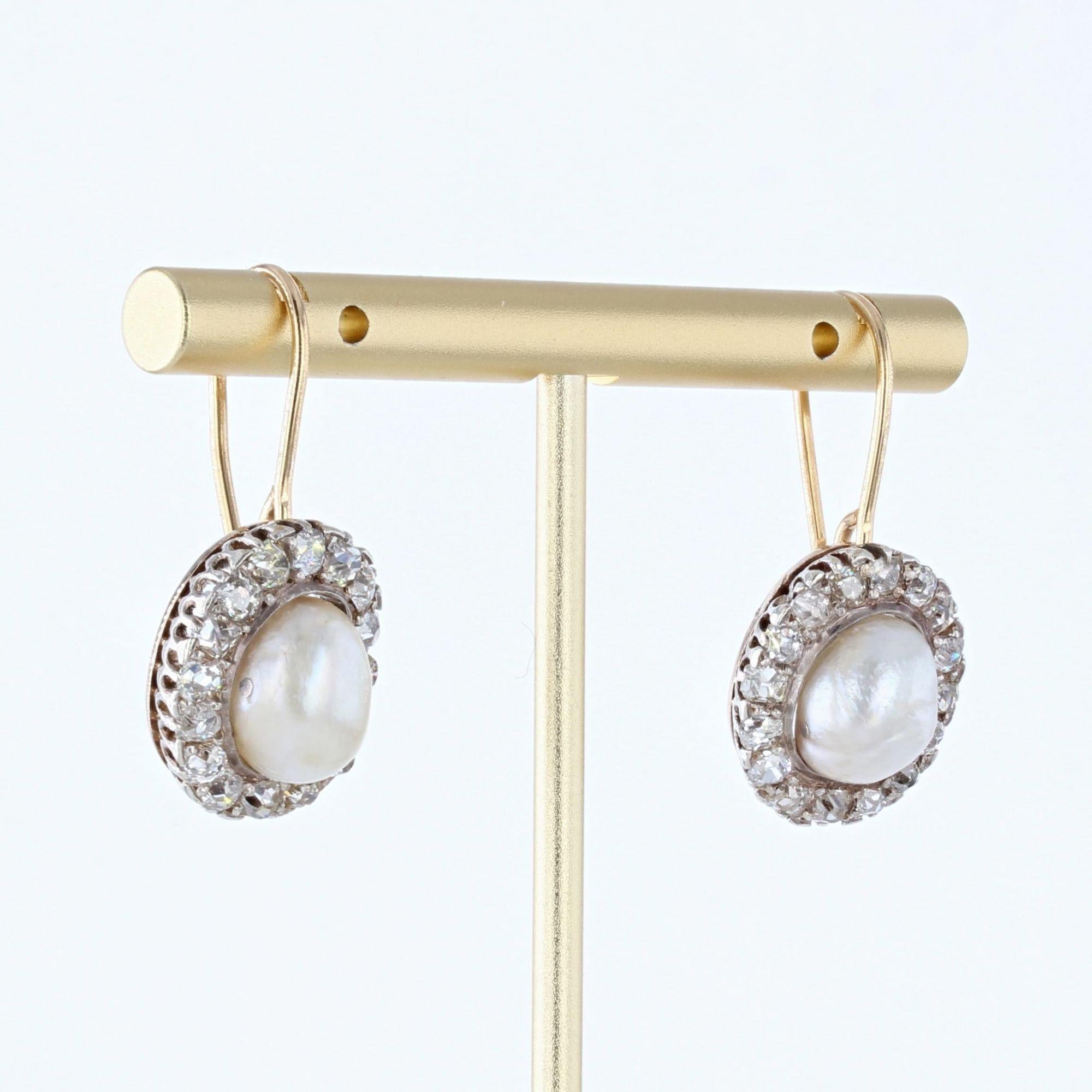 French 19th Century Certified Natural Pearls Diamonds Rose Gold Drop Earrings In Good Condition For Sale In Poitiers, FR