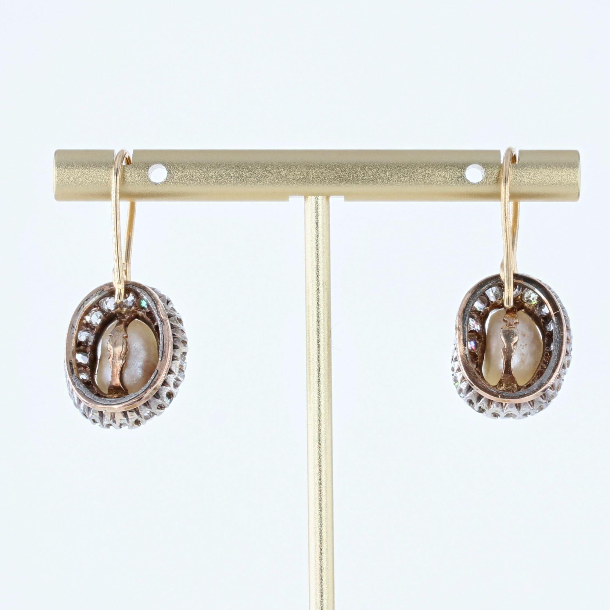 French 19th Century Certified Natural Pearls Diamonds Rose Gold Drop Earrings For Sale 2