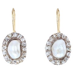 French 19th Century Certified Natural Pearls Diamonds Rose Gold Drop Earrings