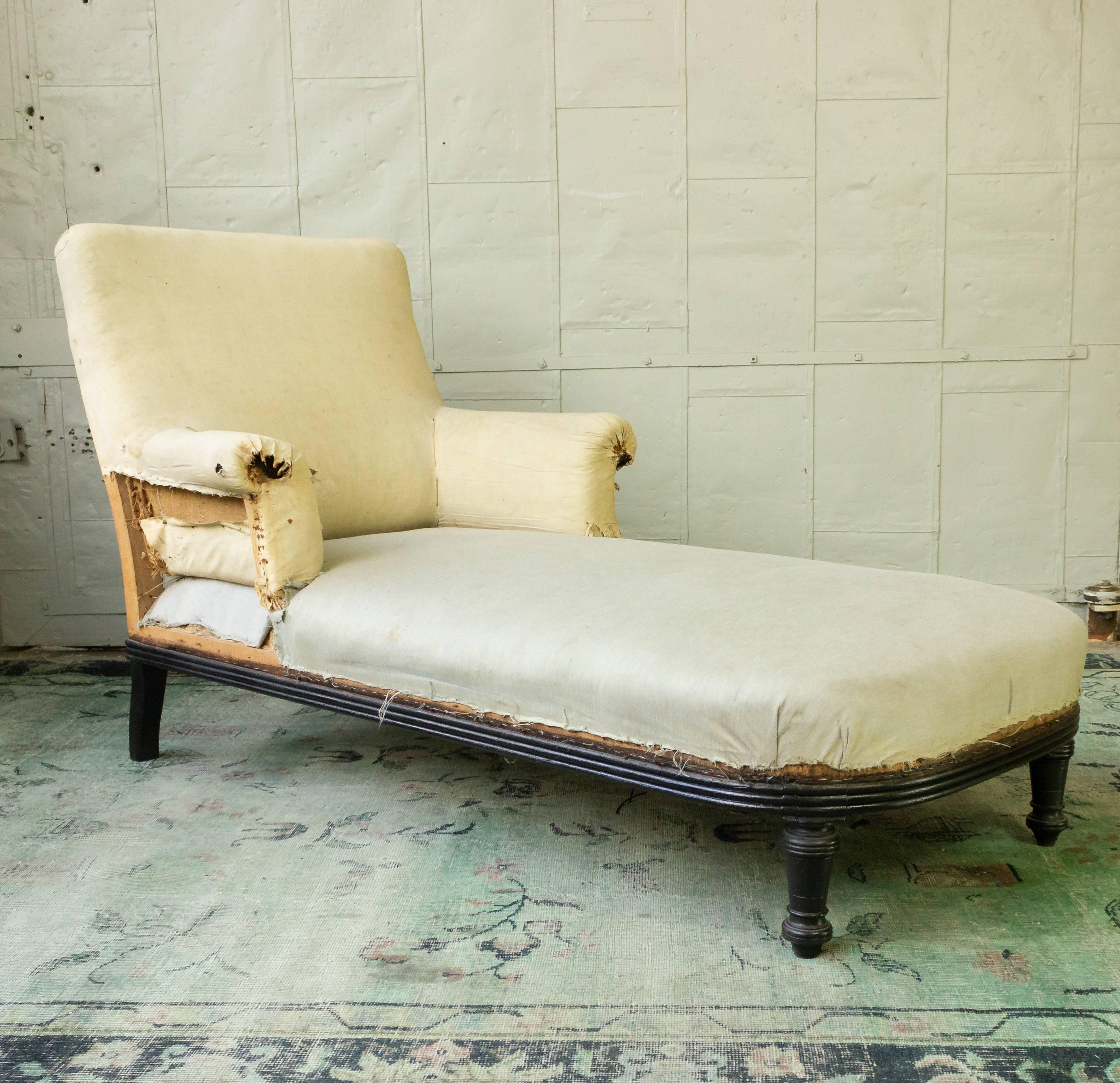 Fabric French 19th Century Chaise Longue with Exposed Wooden Frame