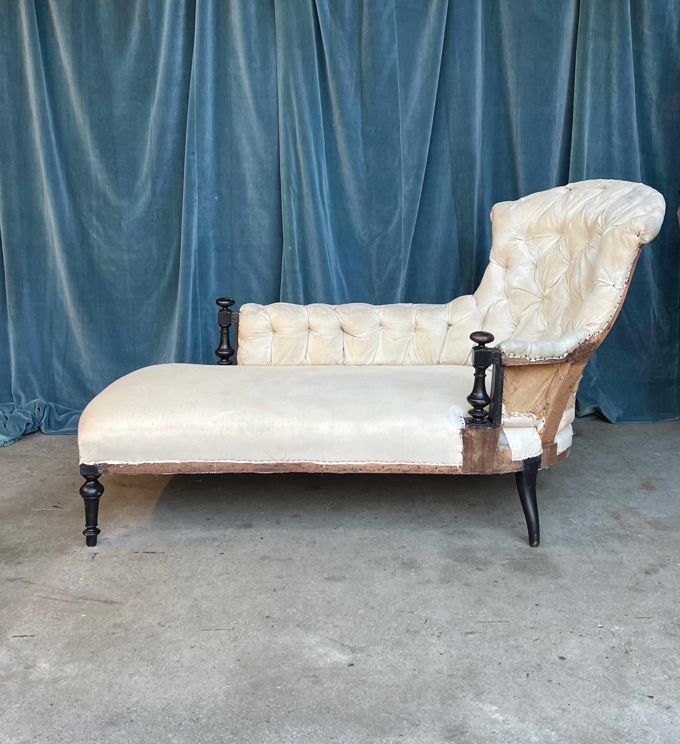 Upholstery French 19th Century Chaise with Wooden Arm Details For Sale