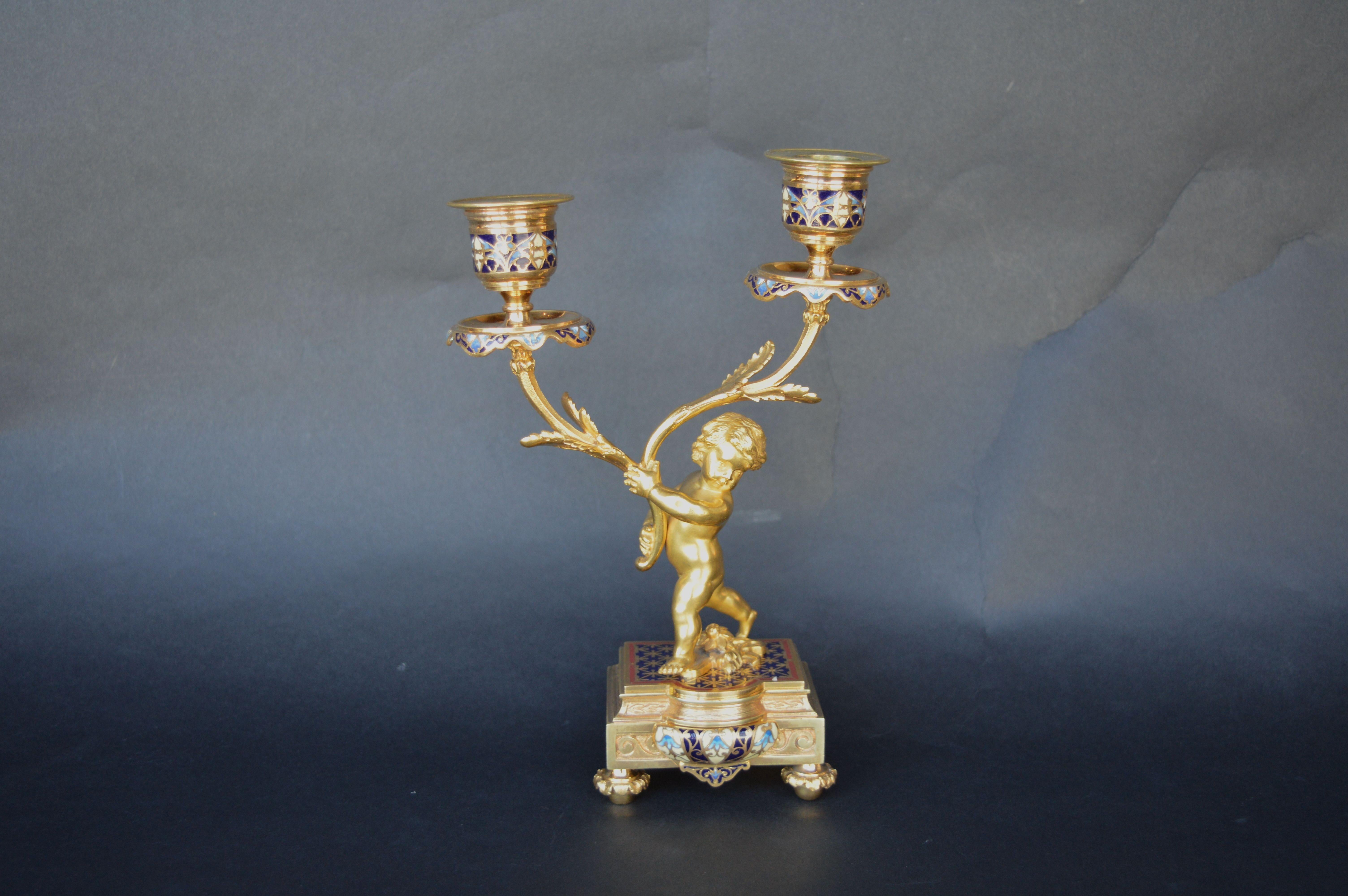 French 19th Century Champleve Enamel Clock Set For Sale 10