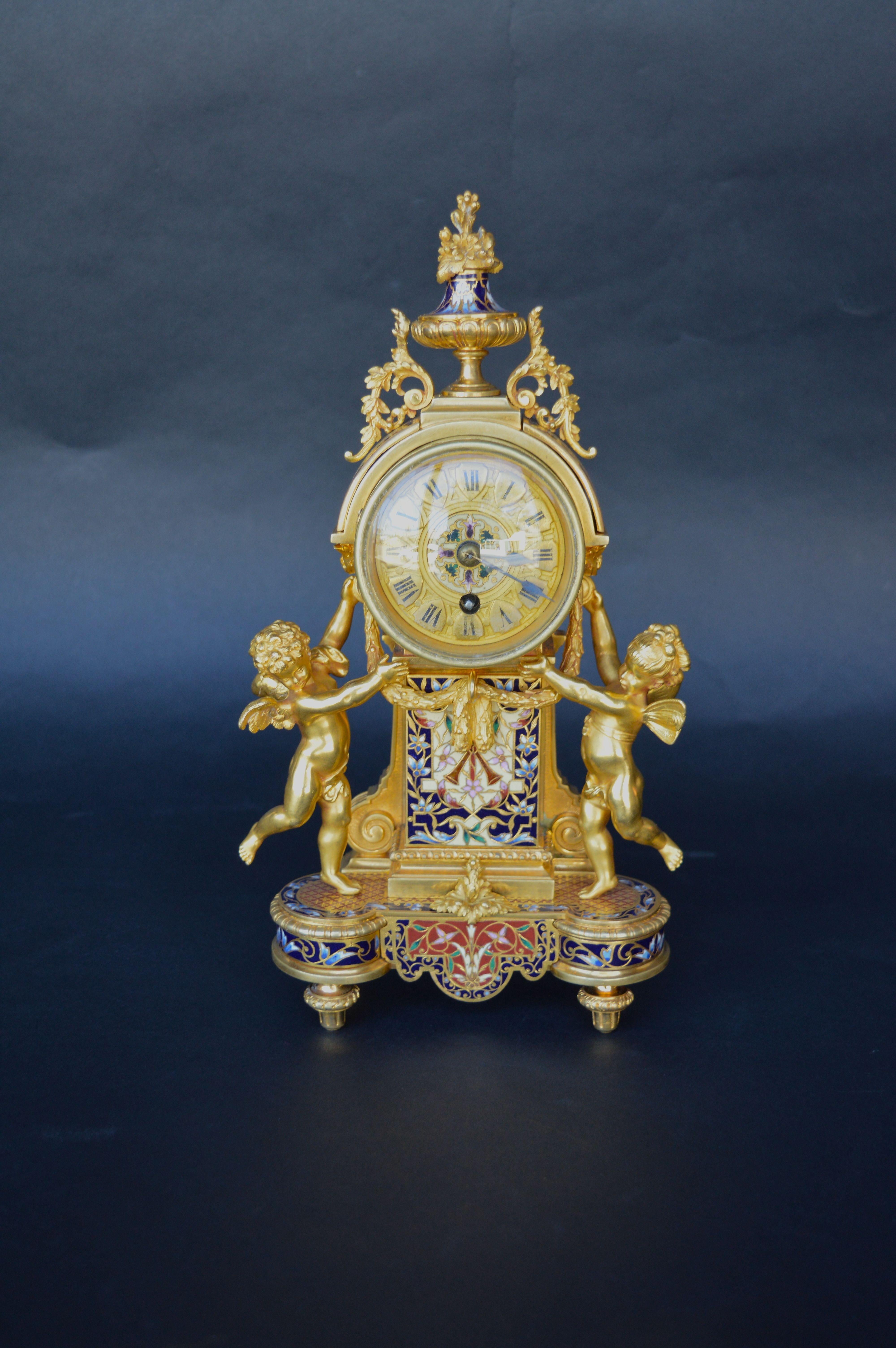 French 19th Century Champleve Enamel Clock Set In Good Condition For Sale In Los Angeles, CA