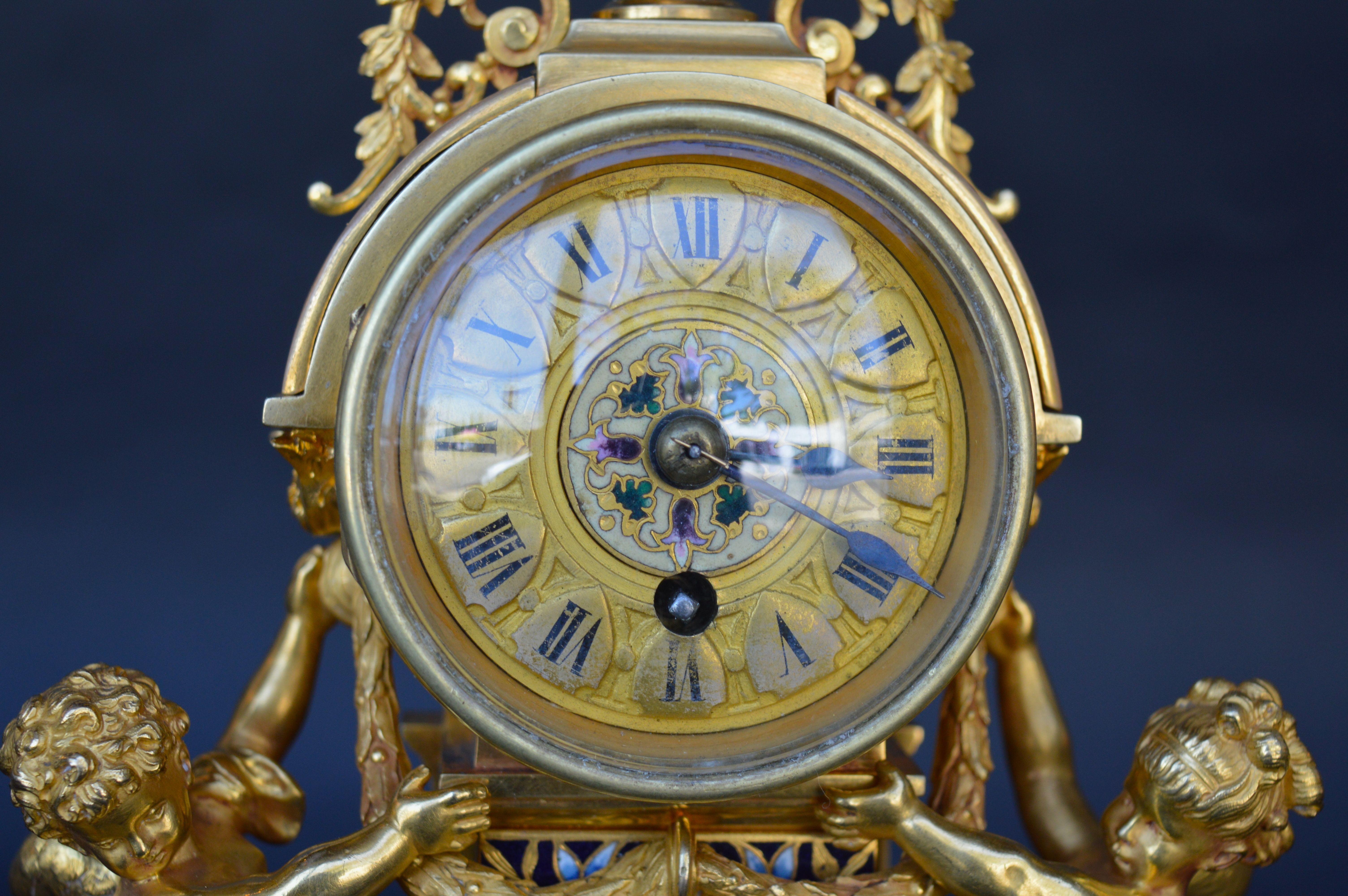 Bronze French 19th Century Champleve Enamel Clock Set For Sale