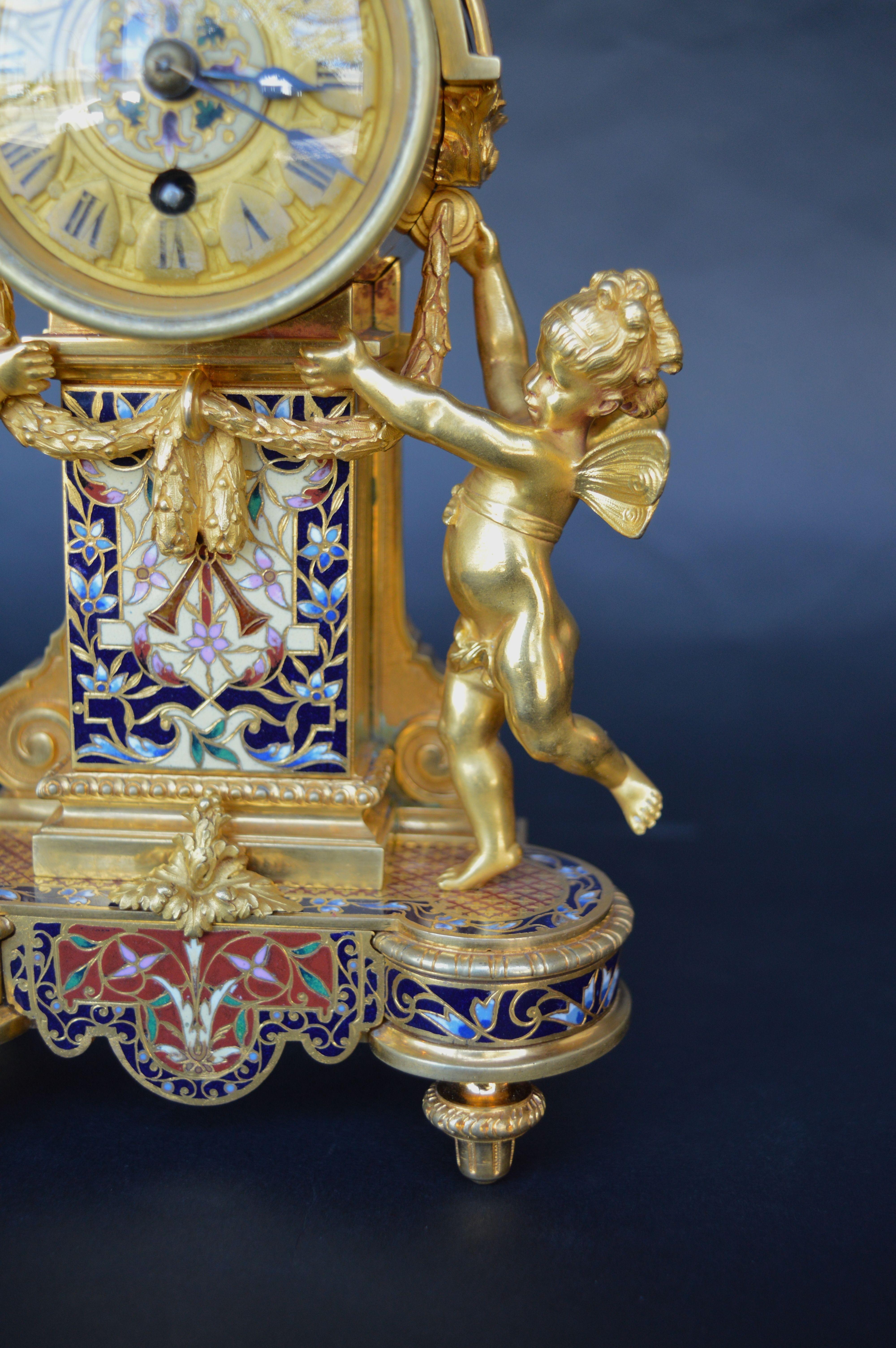French 19th Century Champleve Enamel Clock Set For Sale 2