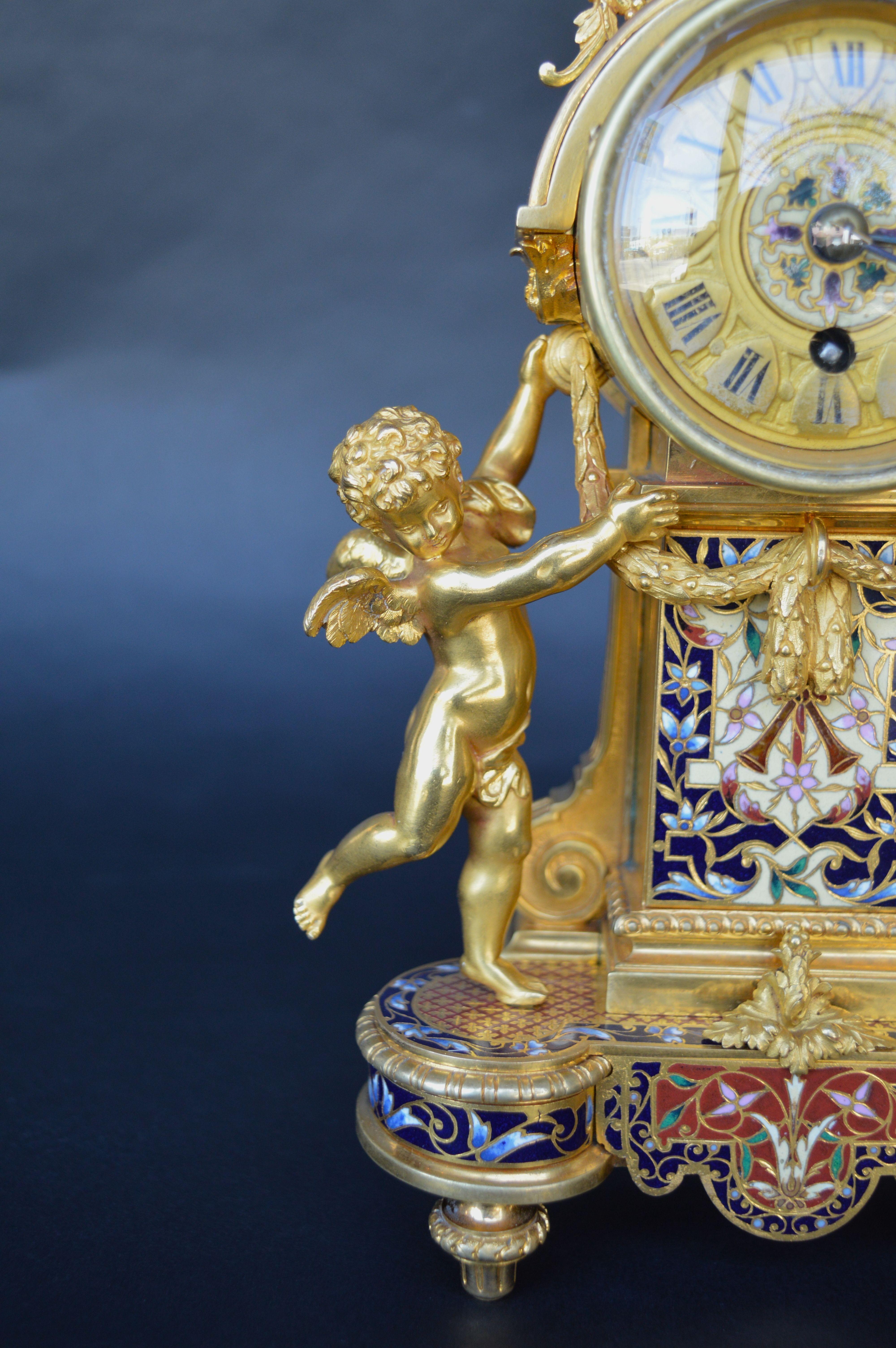 French 19th Century Champleve Enamel Clock Set For Sale 3