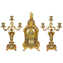 French 19th Century Champleve Enamel Clock Set
