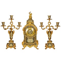 French 19th Century Champleve Enamel Clock Set