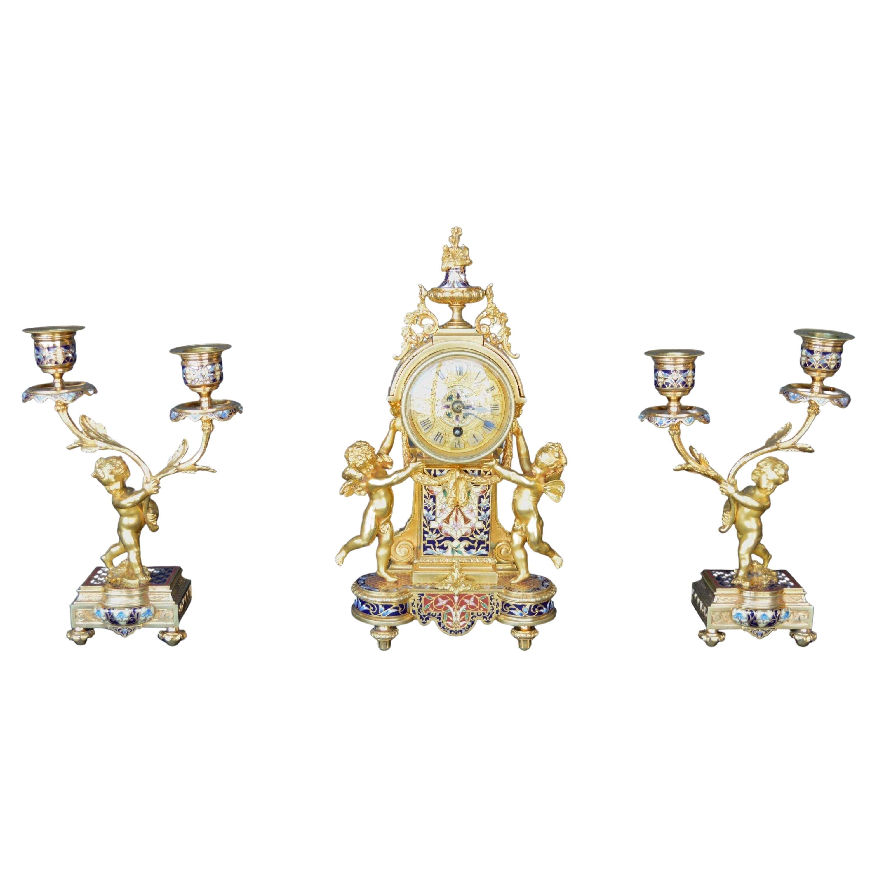 French 19th Century Champleve Enamel Clock Set For Sale