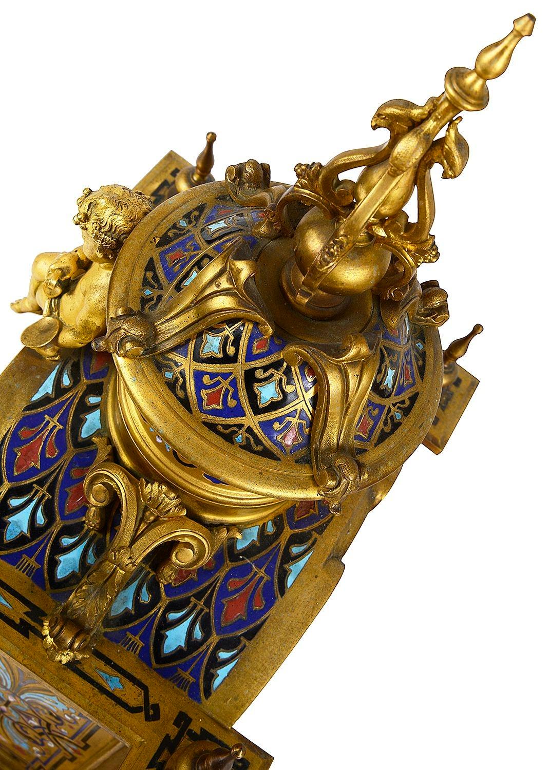 Cast French 19th Century Champleve enamel mantle clock For Sale