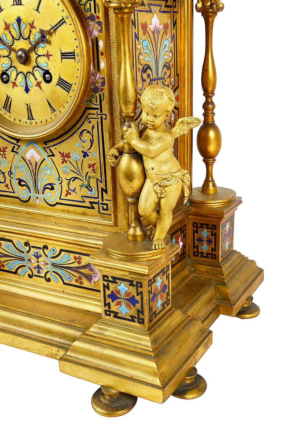 Enamel French 19th Century Champleve enamel mantle clock For Sale