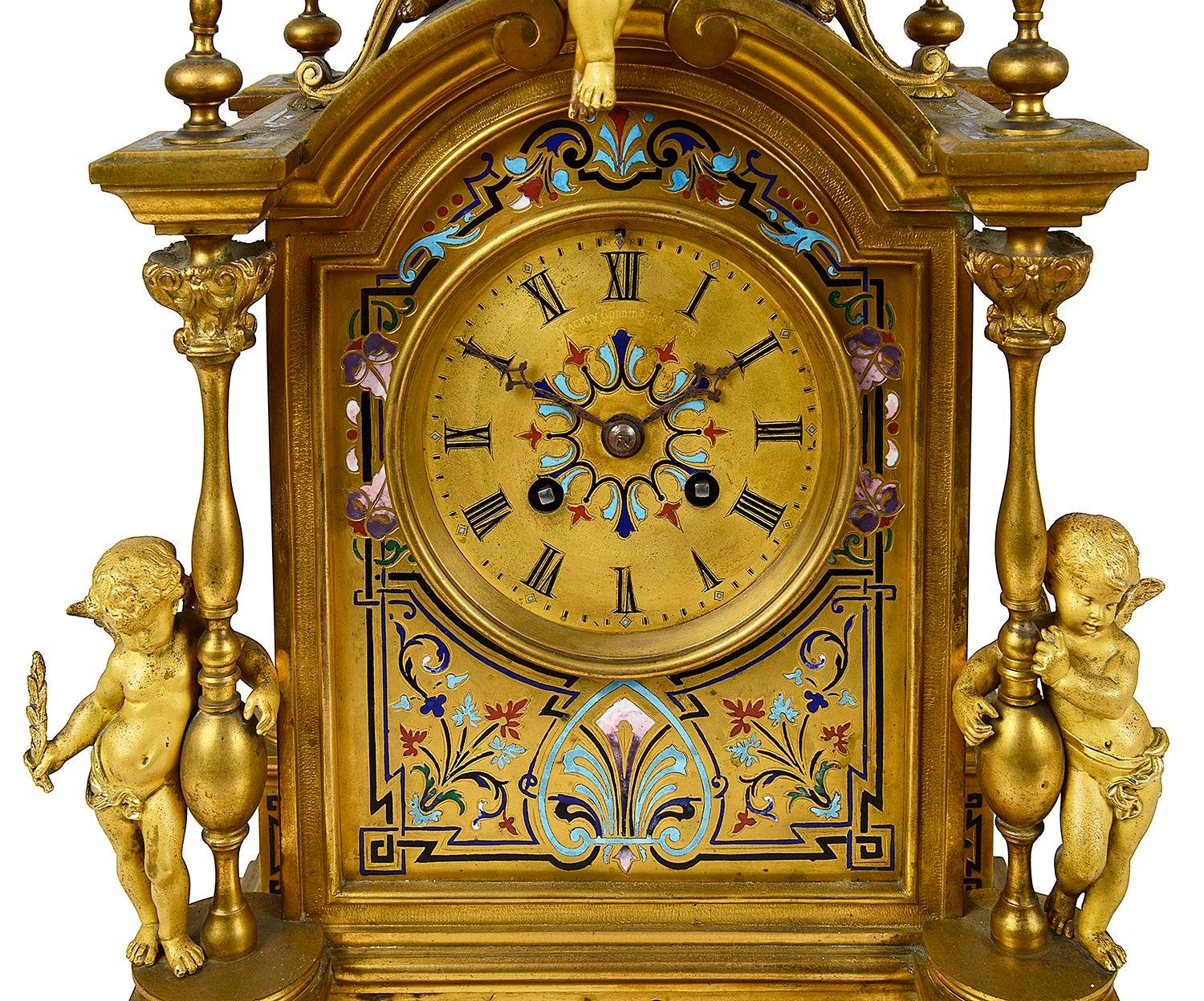 French 19th Century Champleve enamel mantle clock For Sale 1