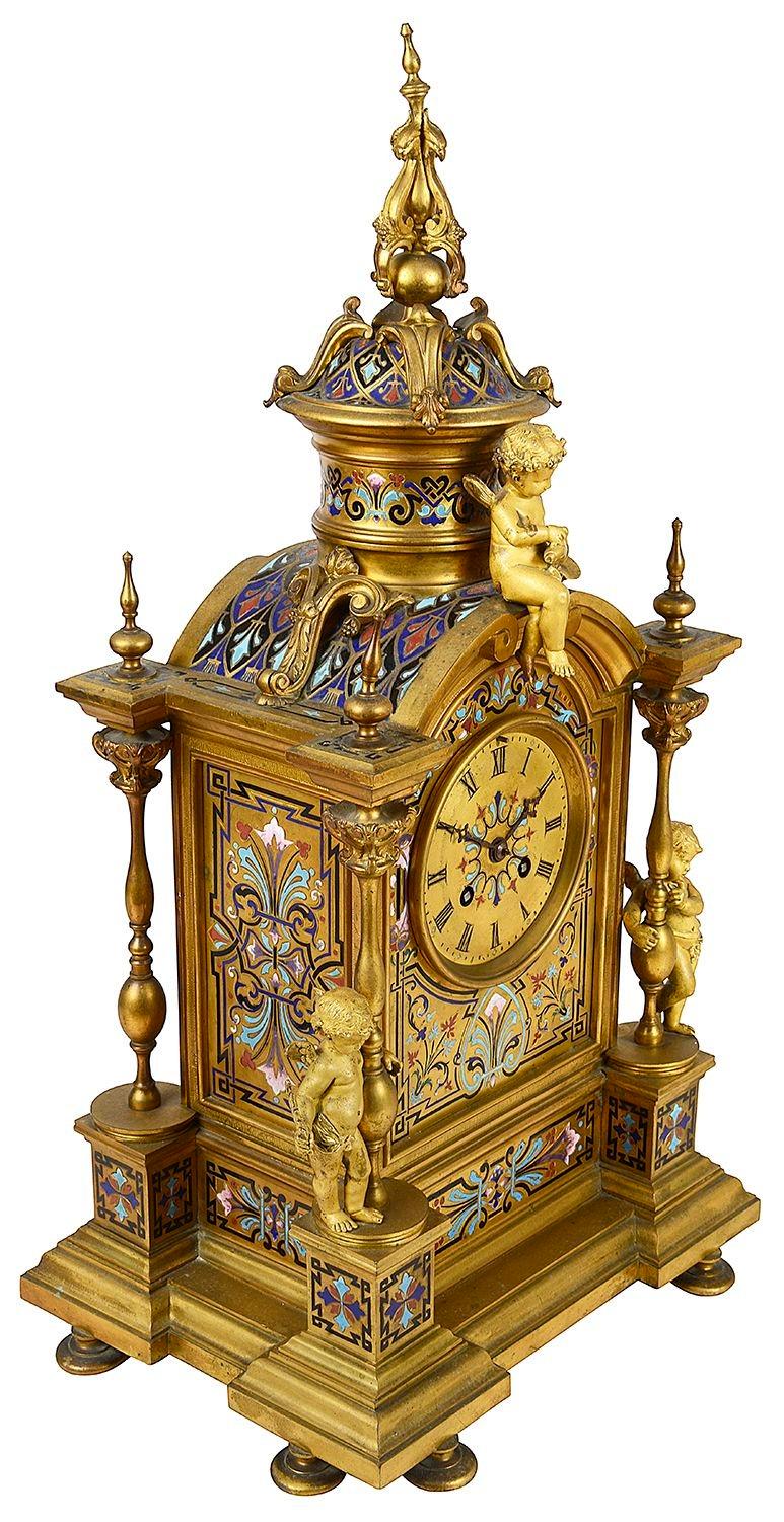 French 19th Century Champleve enamel mantle clock For Sale 2