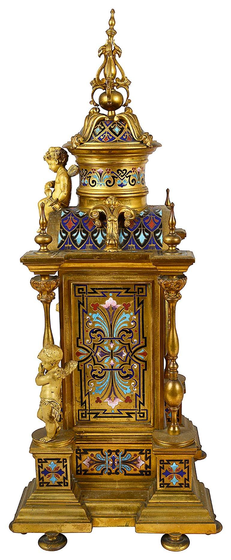 French 19th Century Champleve enamel mantle clock For Sale 3