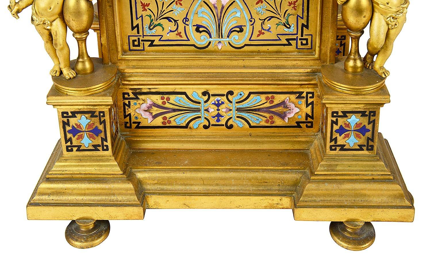 French 19th Century Champleve enamel mantle clock For Sale 4
