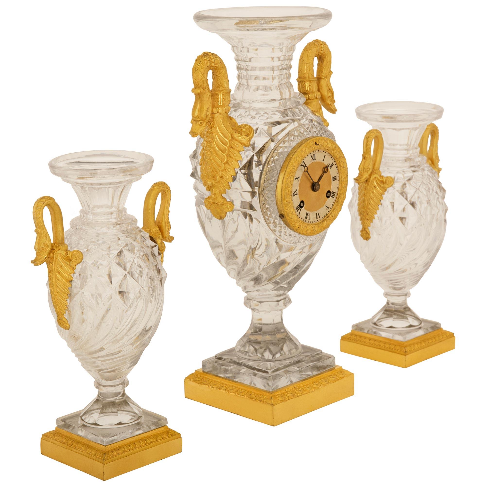 French 19th century Charles X Period Baccarat Crystal and Ormolu garniture set In Good Condition For Sale In West Palm Beach, FL