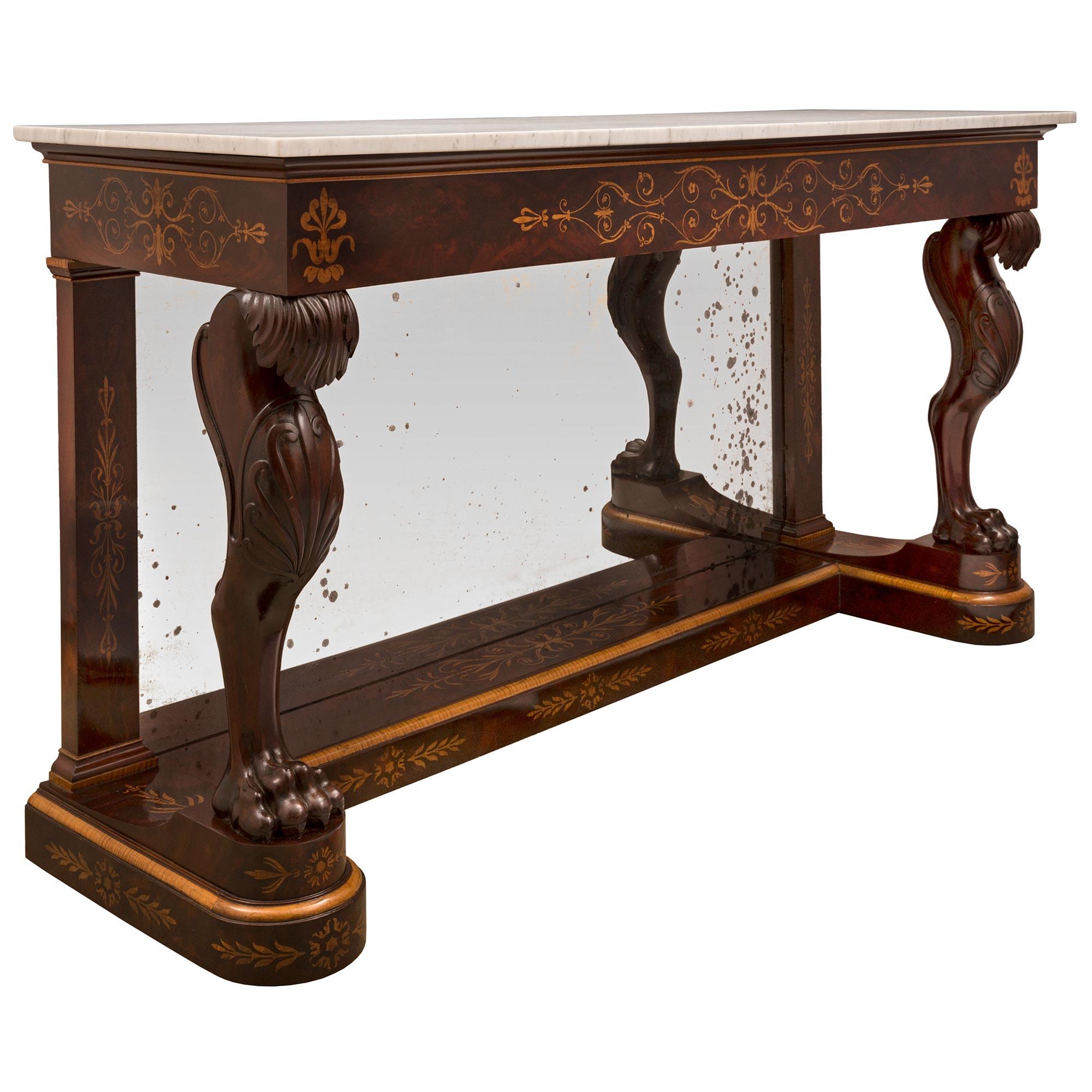 French 19th Century Charles X Period Flamed Mahogany Freestanding Console In Good Condition For Sale In West Palm Beach, FL