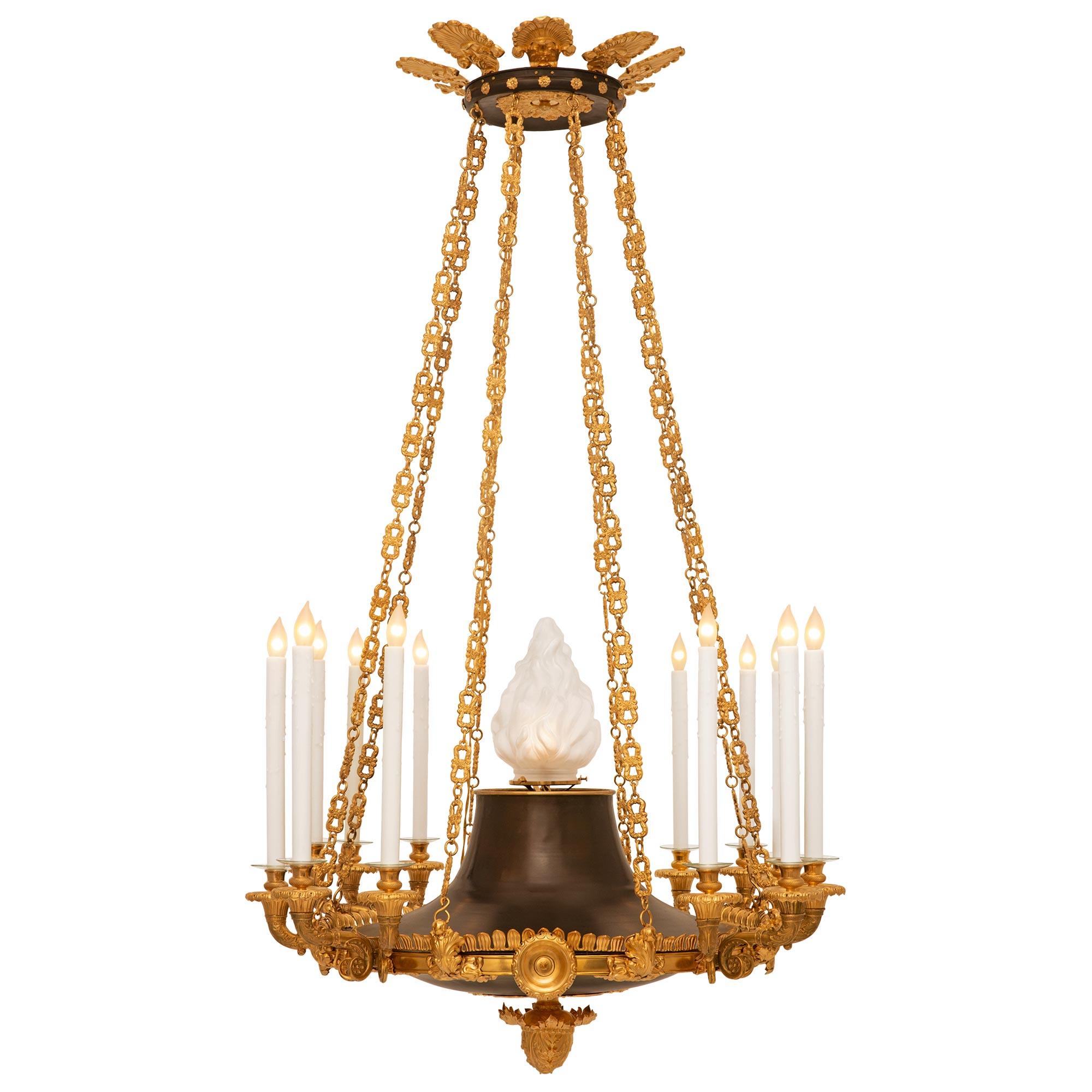 French 19th Century Charles X Period Patinated Bronze and Gilt Metal Chandelier In Good Condition For Sale In West Palm Beach, FL