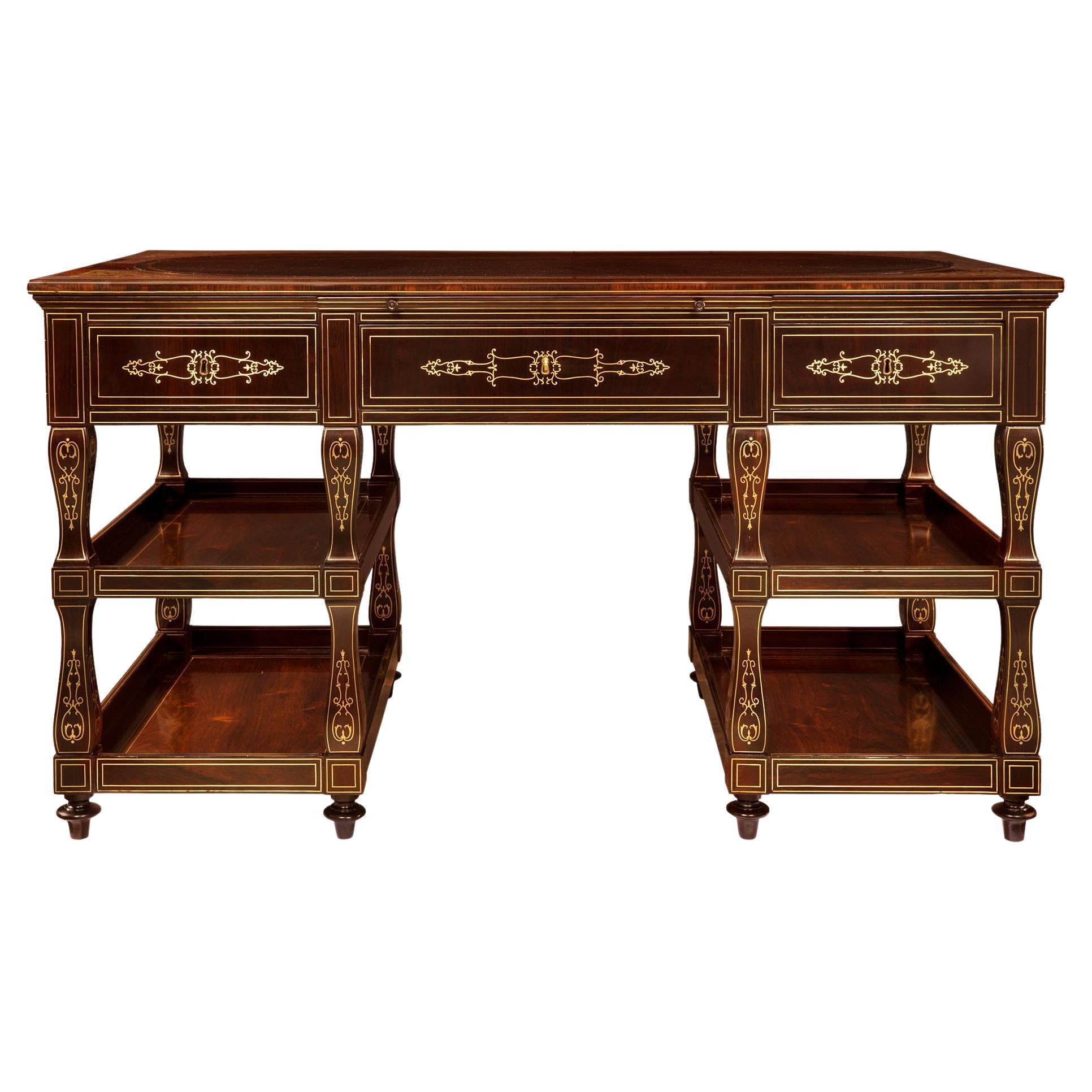French 19th Century Charles X Period Rosewood and Brass Inlaid Desk